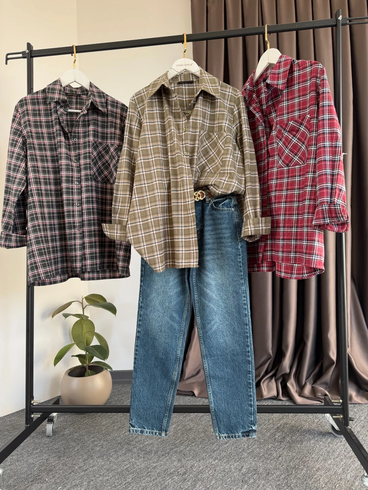 Yeni Ekoseli oversize gömlek 55 yeşil