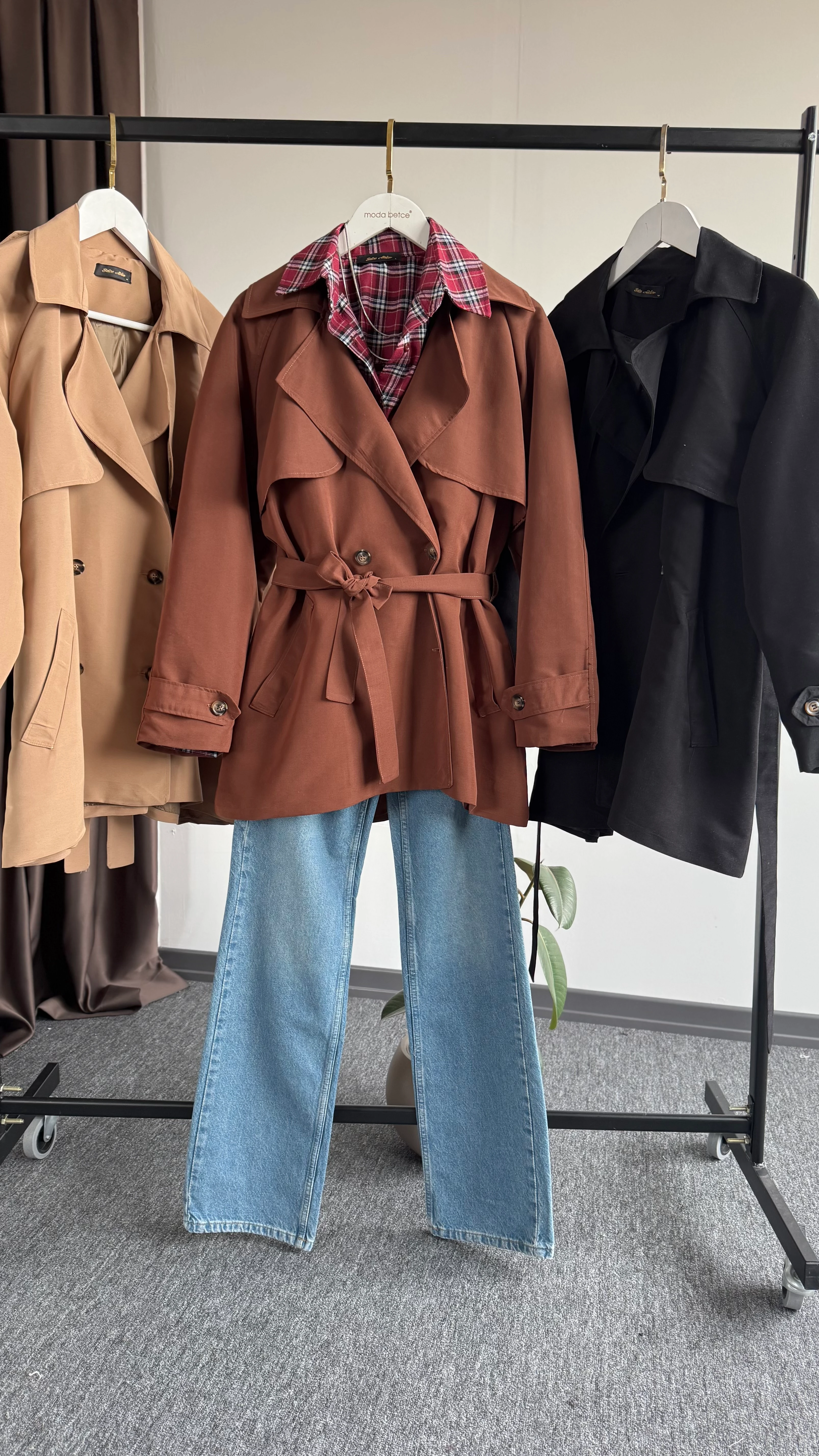 Perla uzun trençkot kahverengi