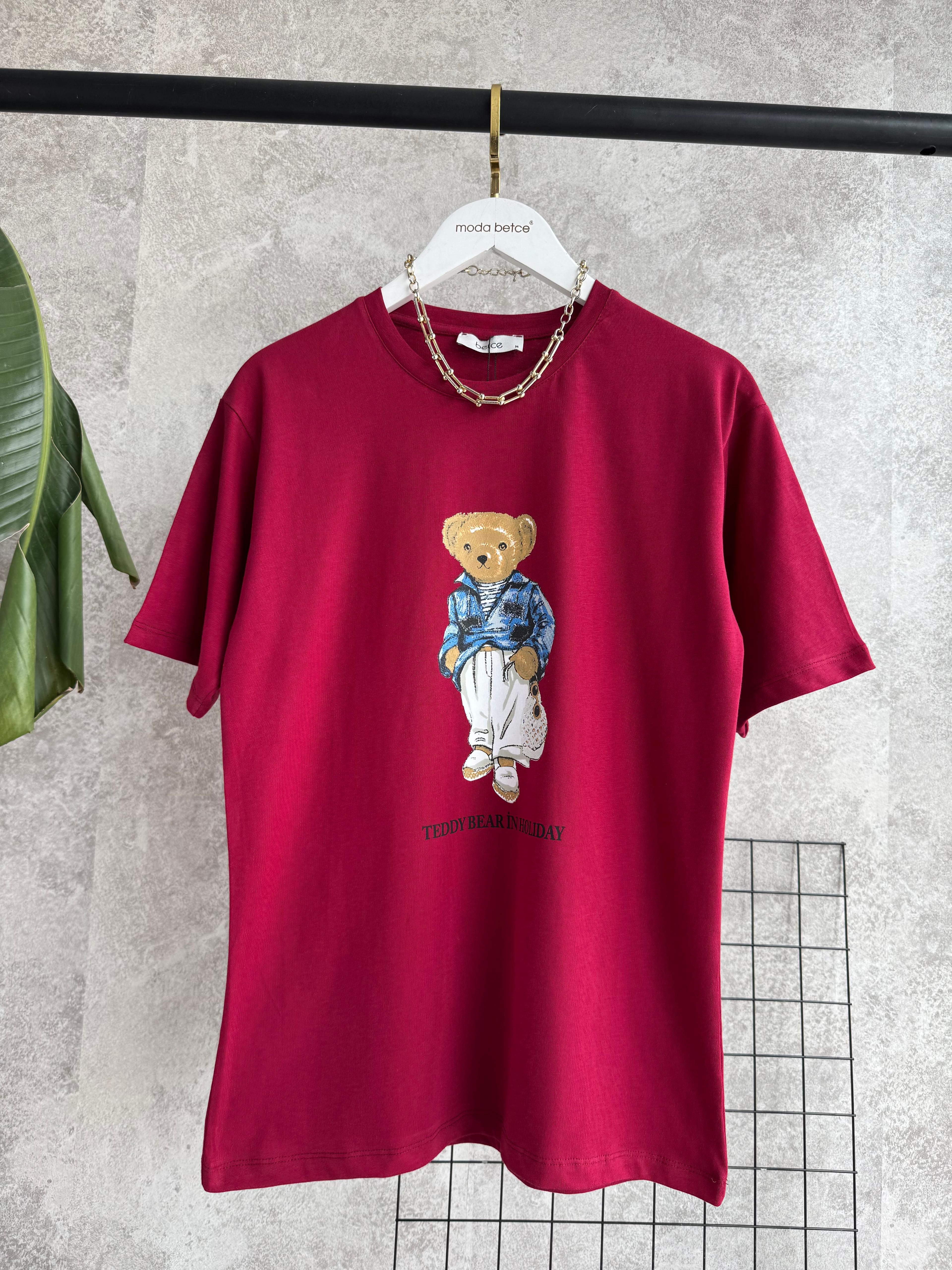 Holiday Baskılı Bear Bordo Tshirt