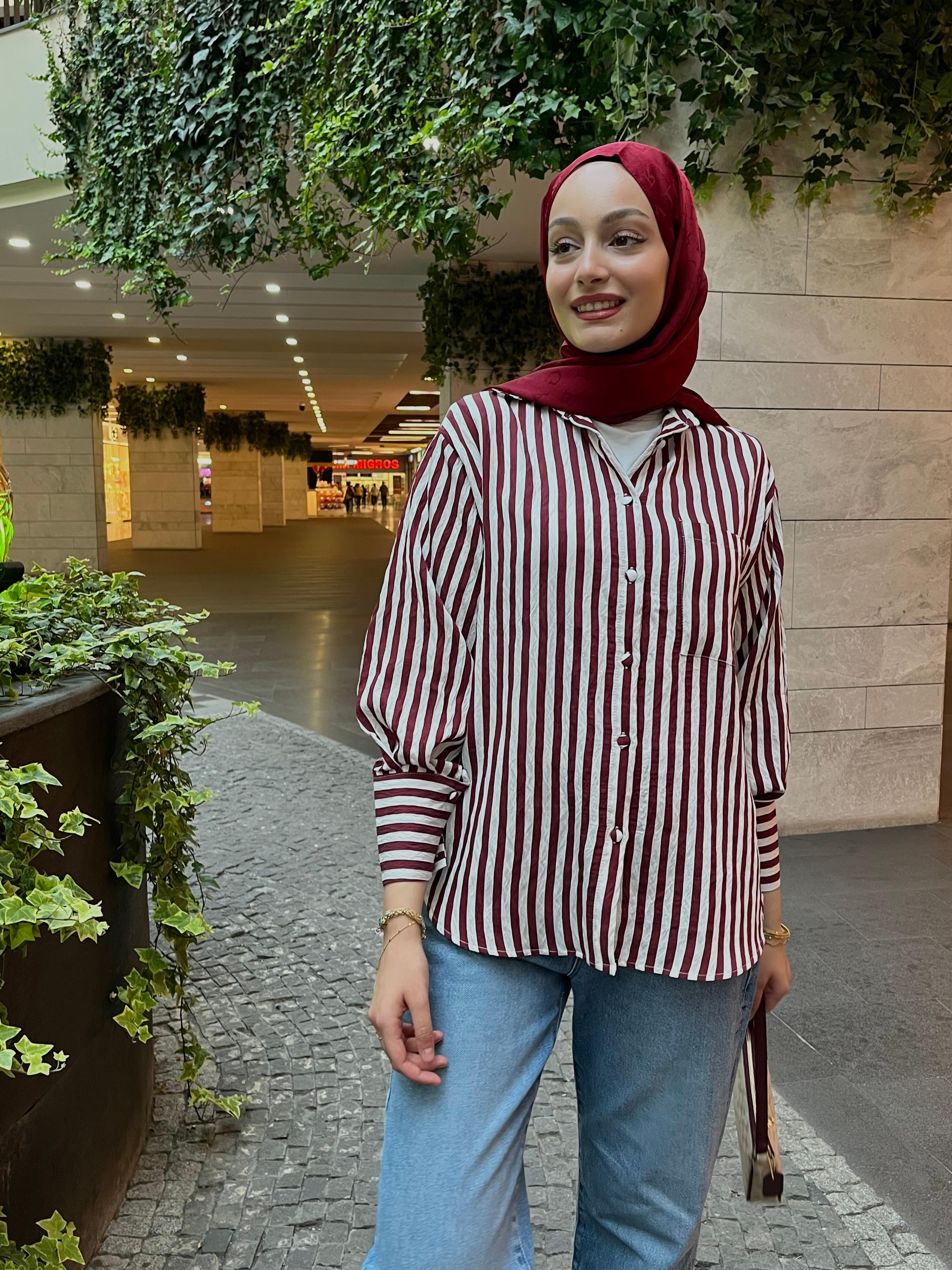 ZRA çizgili oversize gömlek bordo