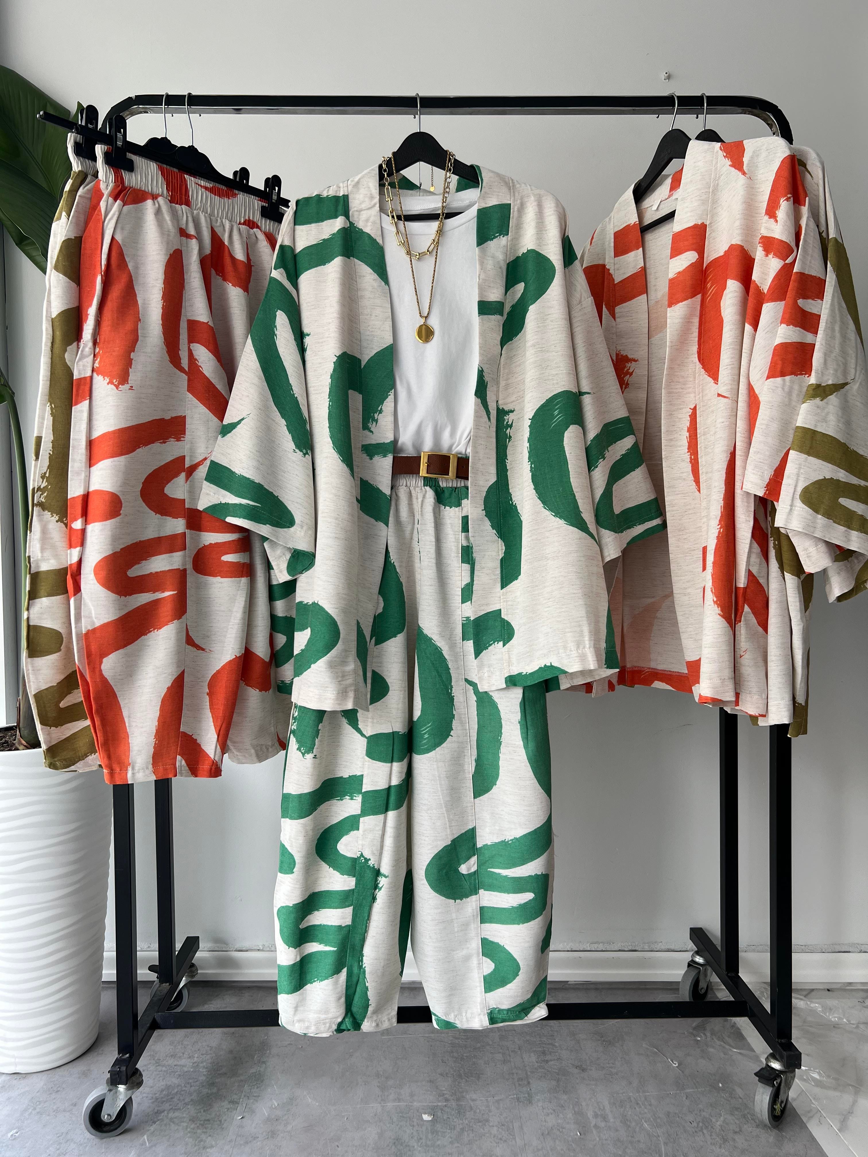 Keten Dokulu Kimono Pantolon Takım Yeşil