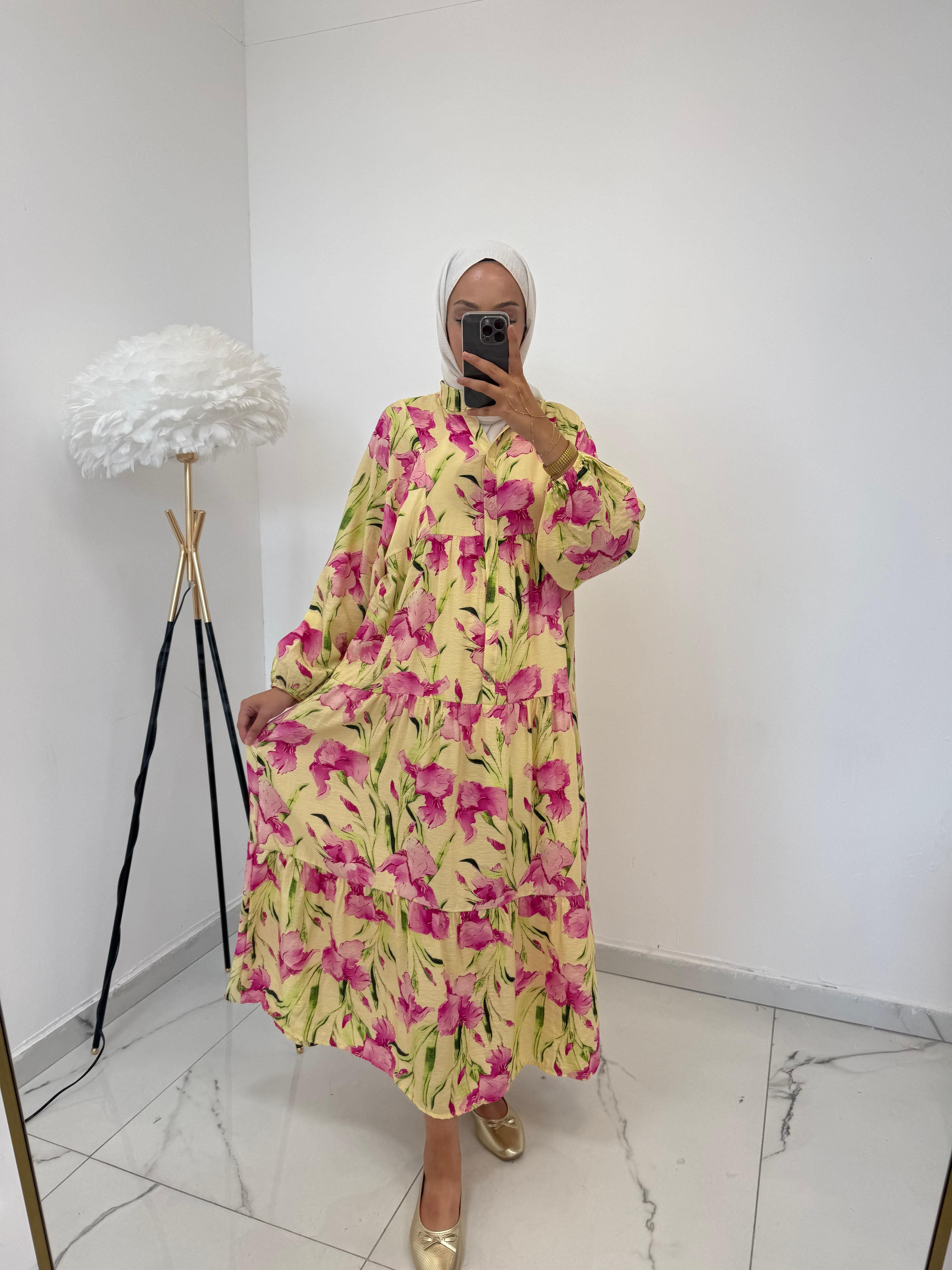Mango Kumaş Katkat Sarı Elbise