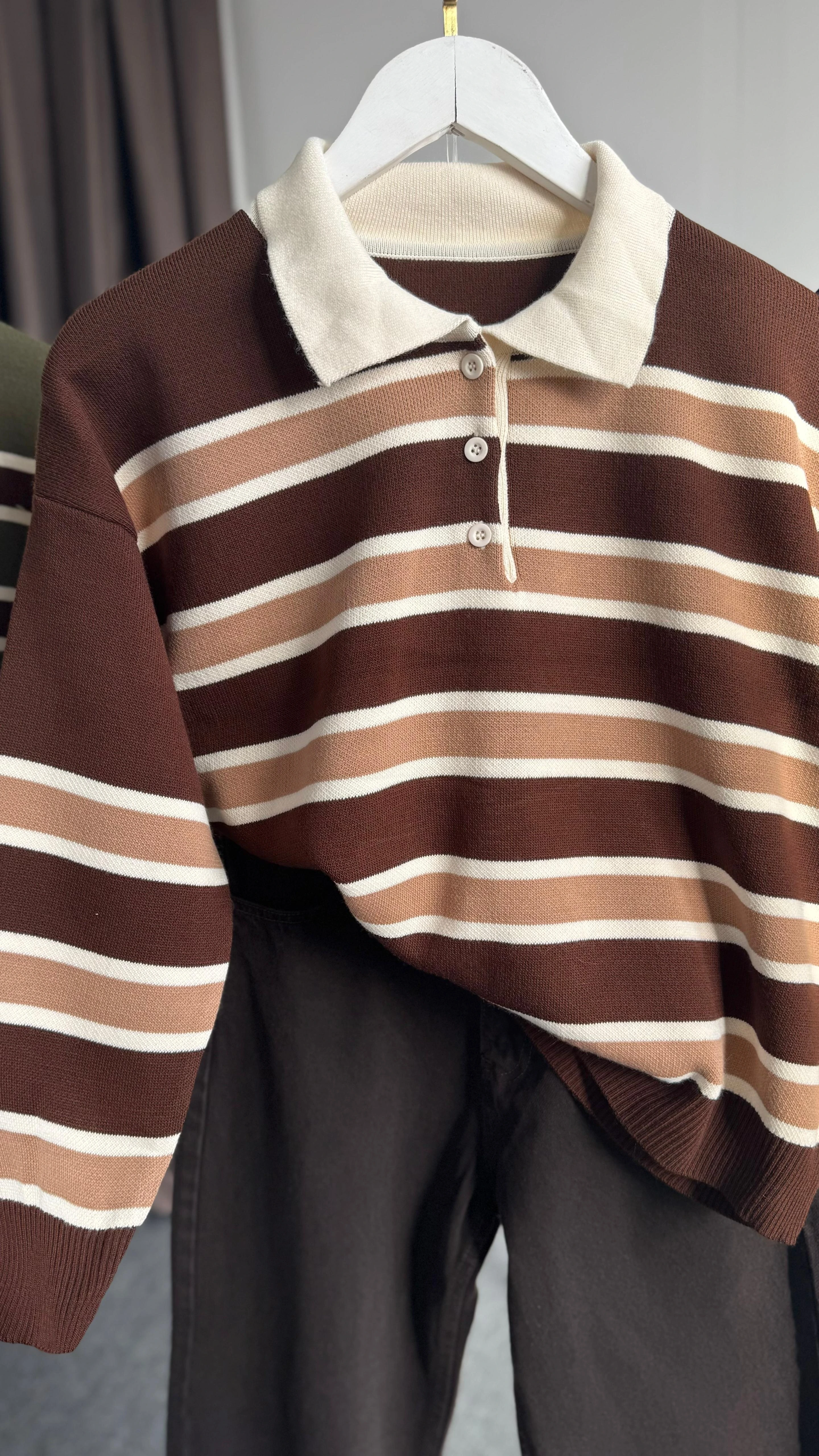 Yeni sezon çizgili kazak kahverengi