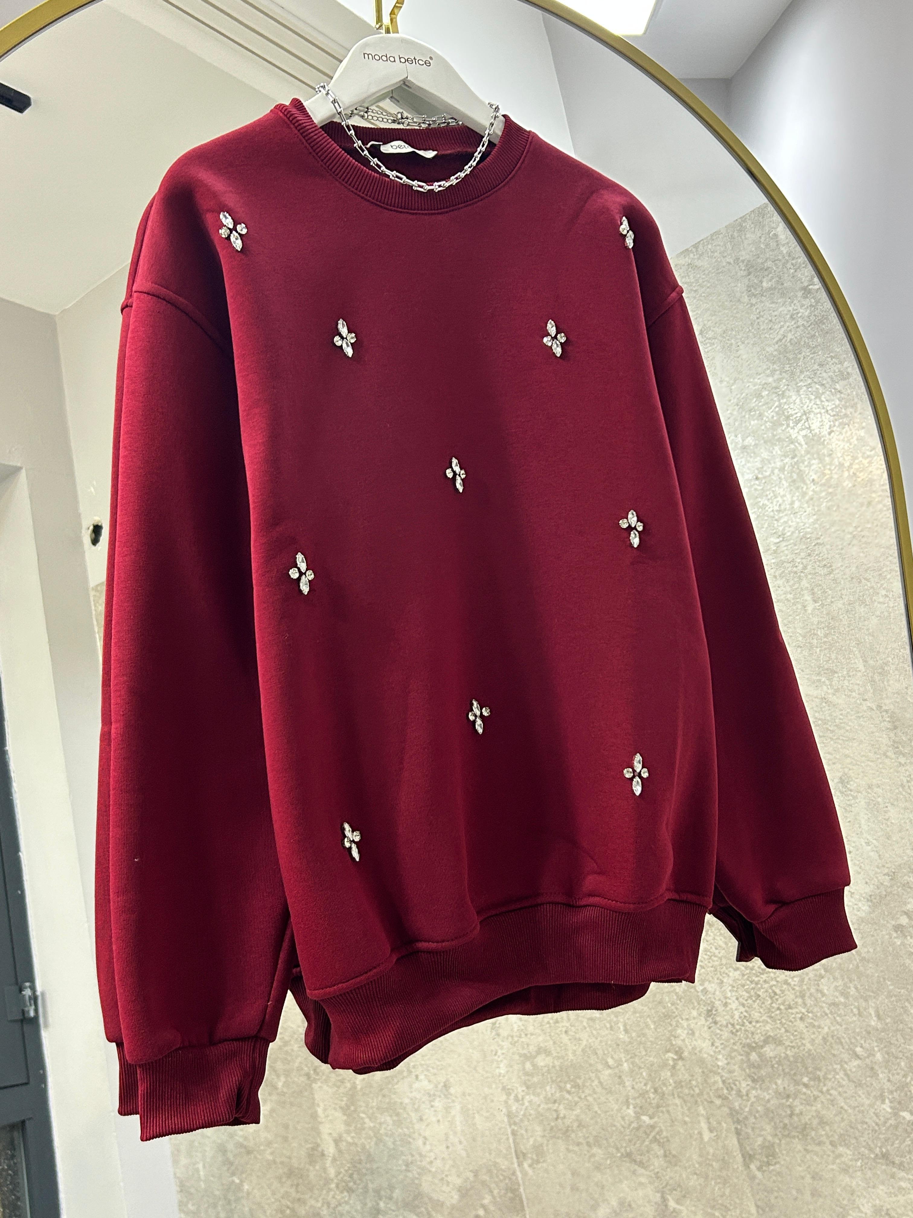 3 İPLİK DİAMOND DETAYLI SWEATSHİRT BORDO