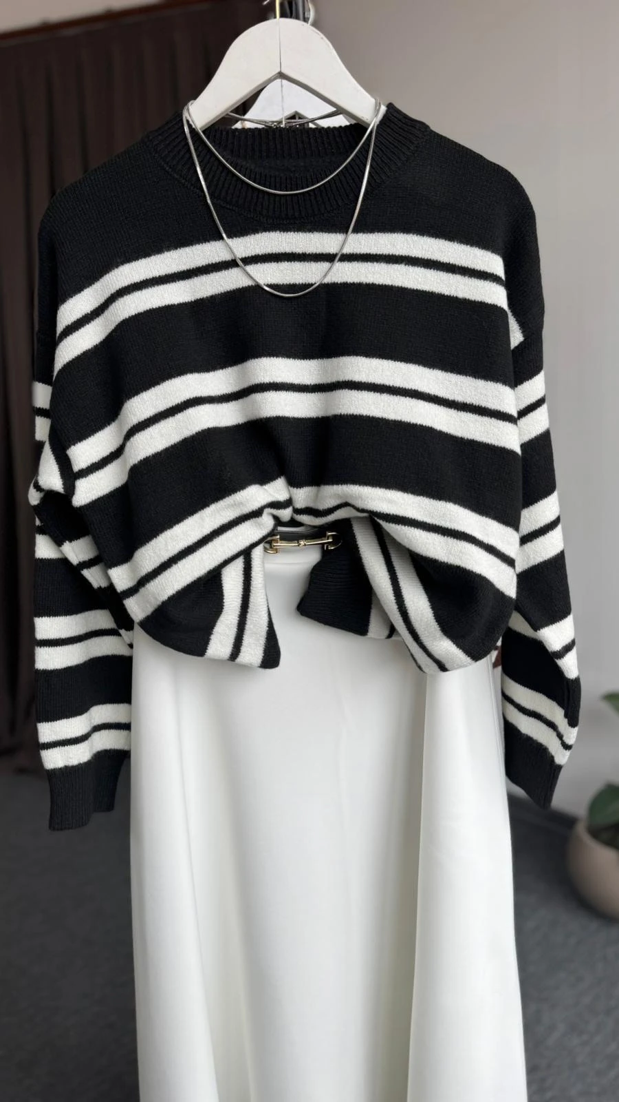 yeni çizgili larry yün kazak siyah