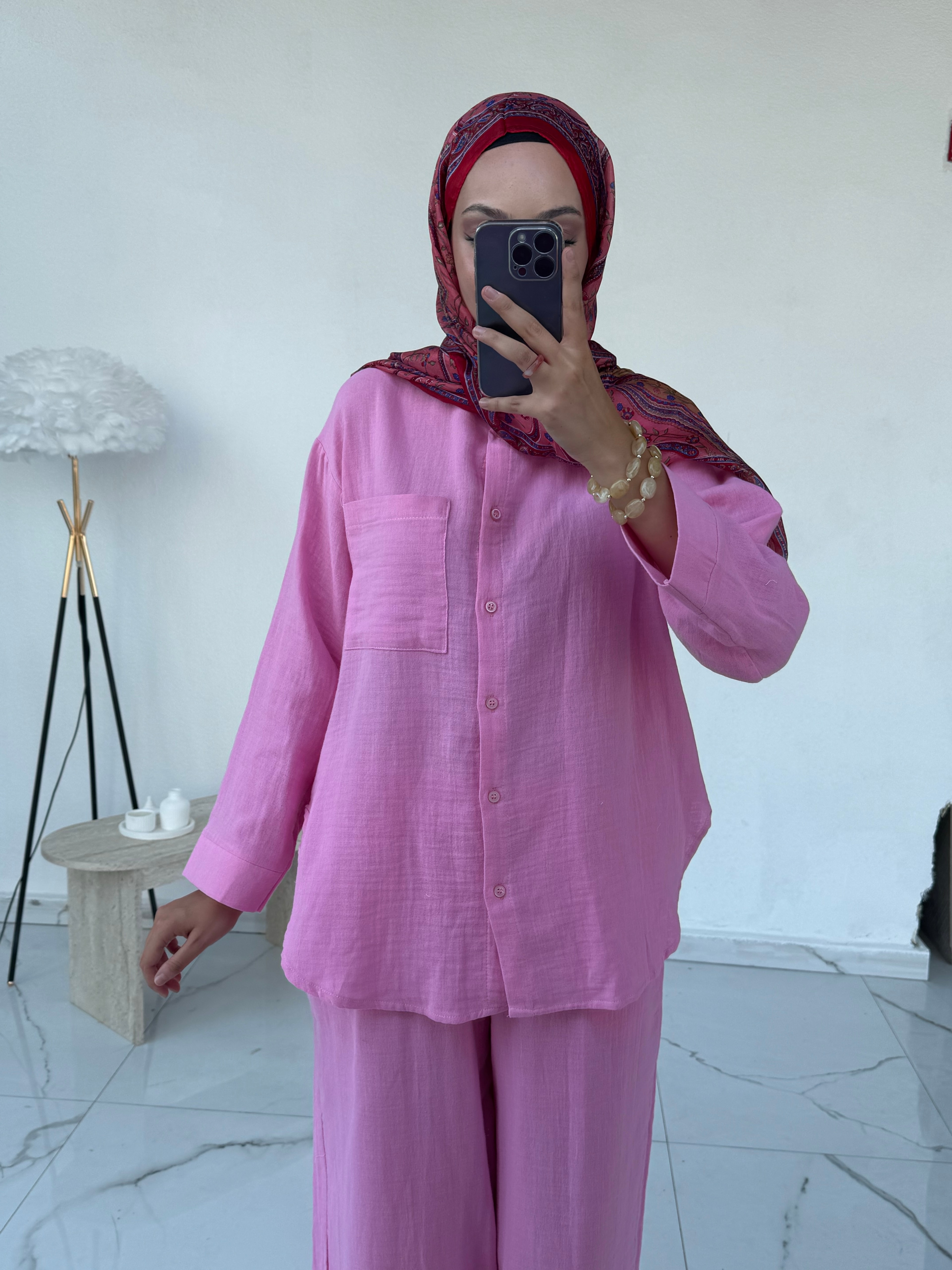 Müslin gömlekli takım pembe 