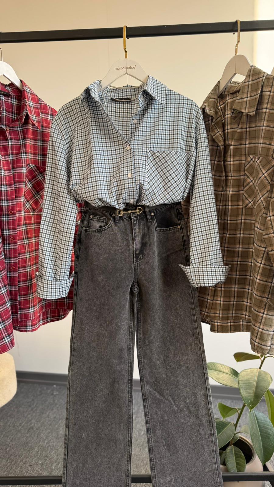 Yeni Ekoseli oversize gömlek Mavi