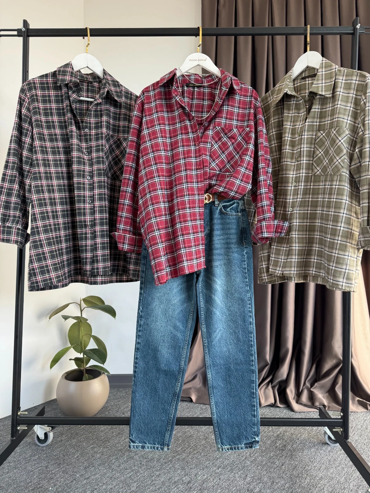 Yeni Ekoseli oversize gömlek 28 bordo