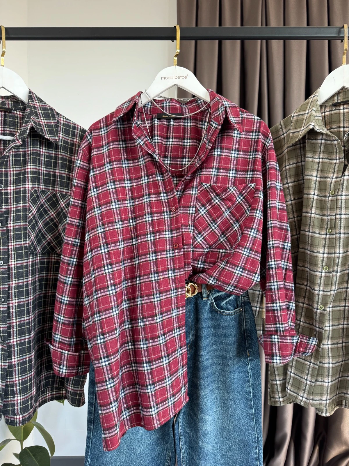 Yeni Ekoseli oversize gömlek 28 bordo