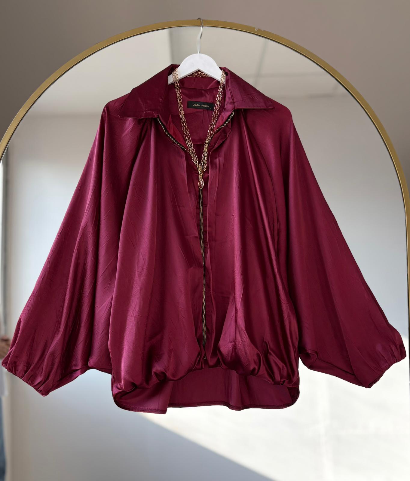 Zra kraşlı saten bomber ceket Bordo