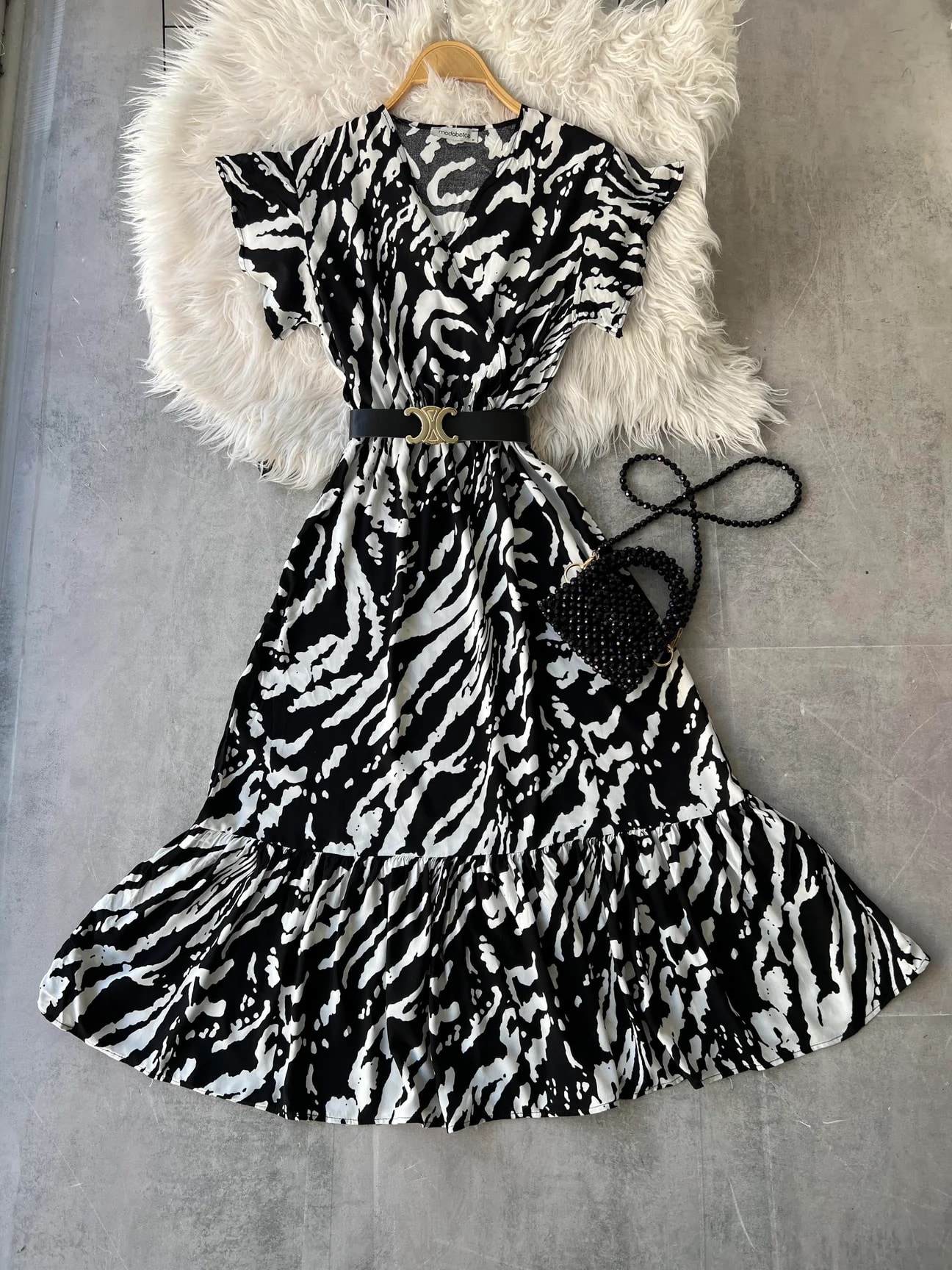 Kruvaze yaka zebra elbise 