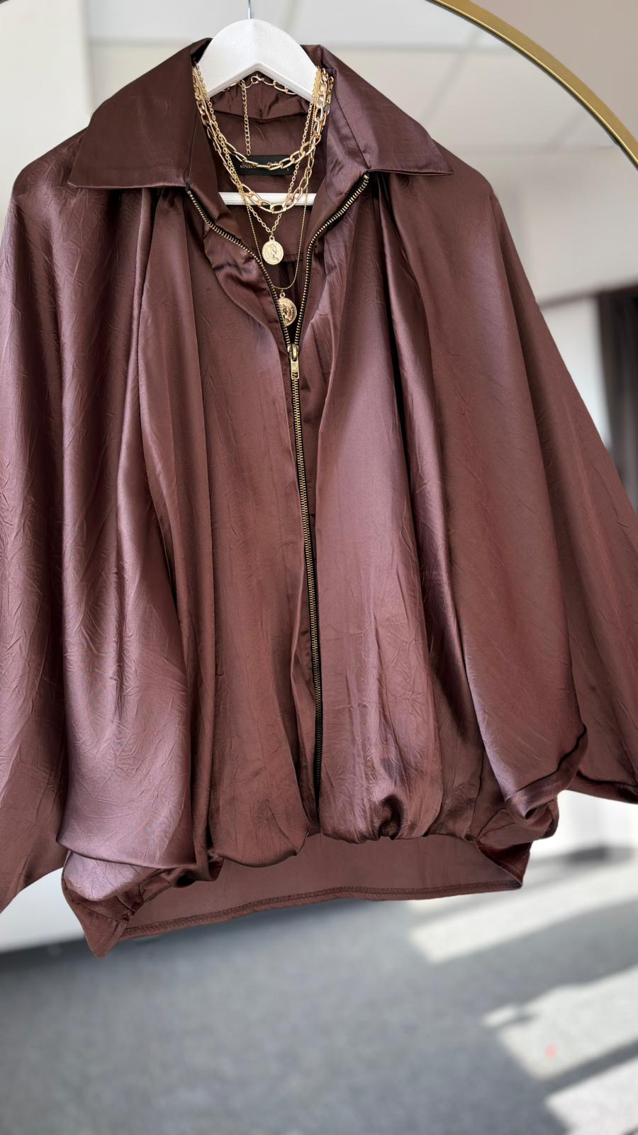 Zra kraşlı saten bomber ceket Kahverengi