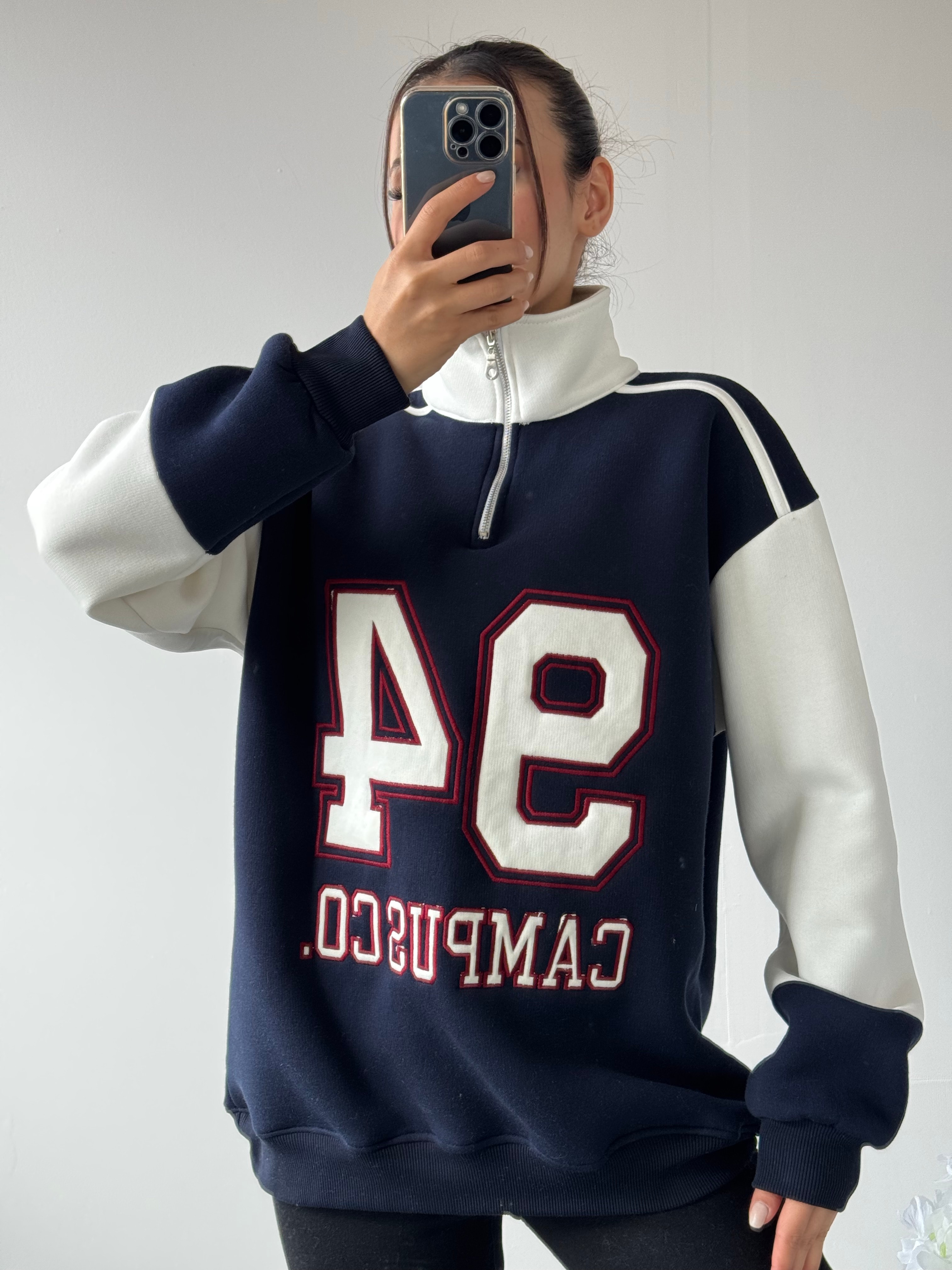 94 nakışlı oversize sweat lacivert