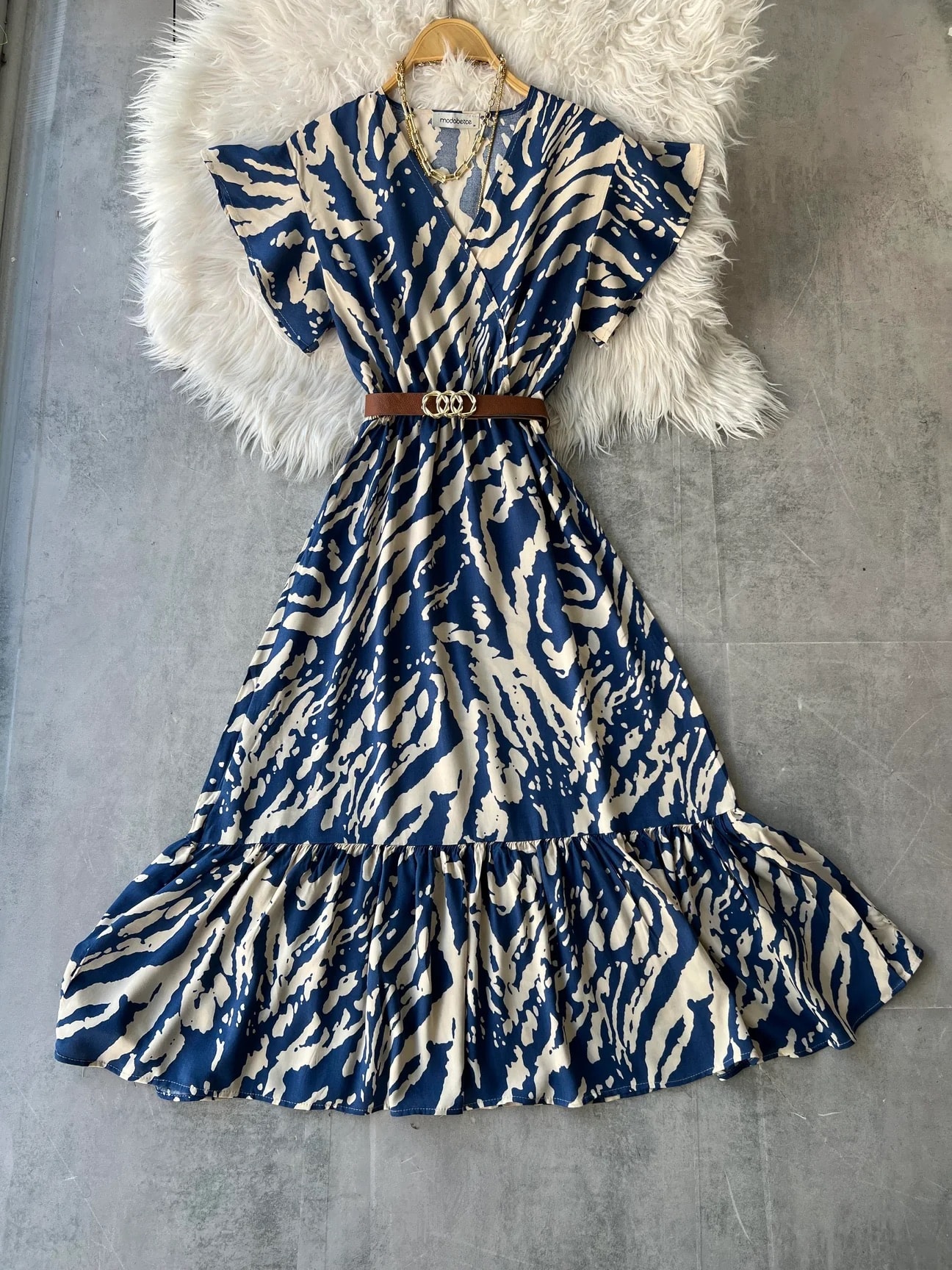 Kruvaze yaka indigo zayna elbise