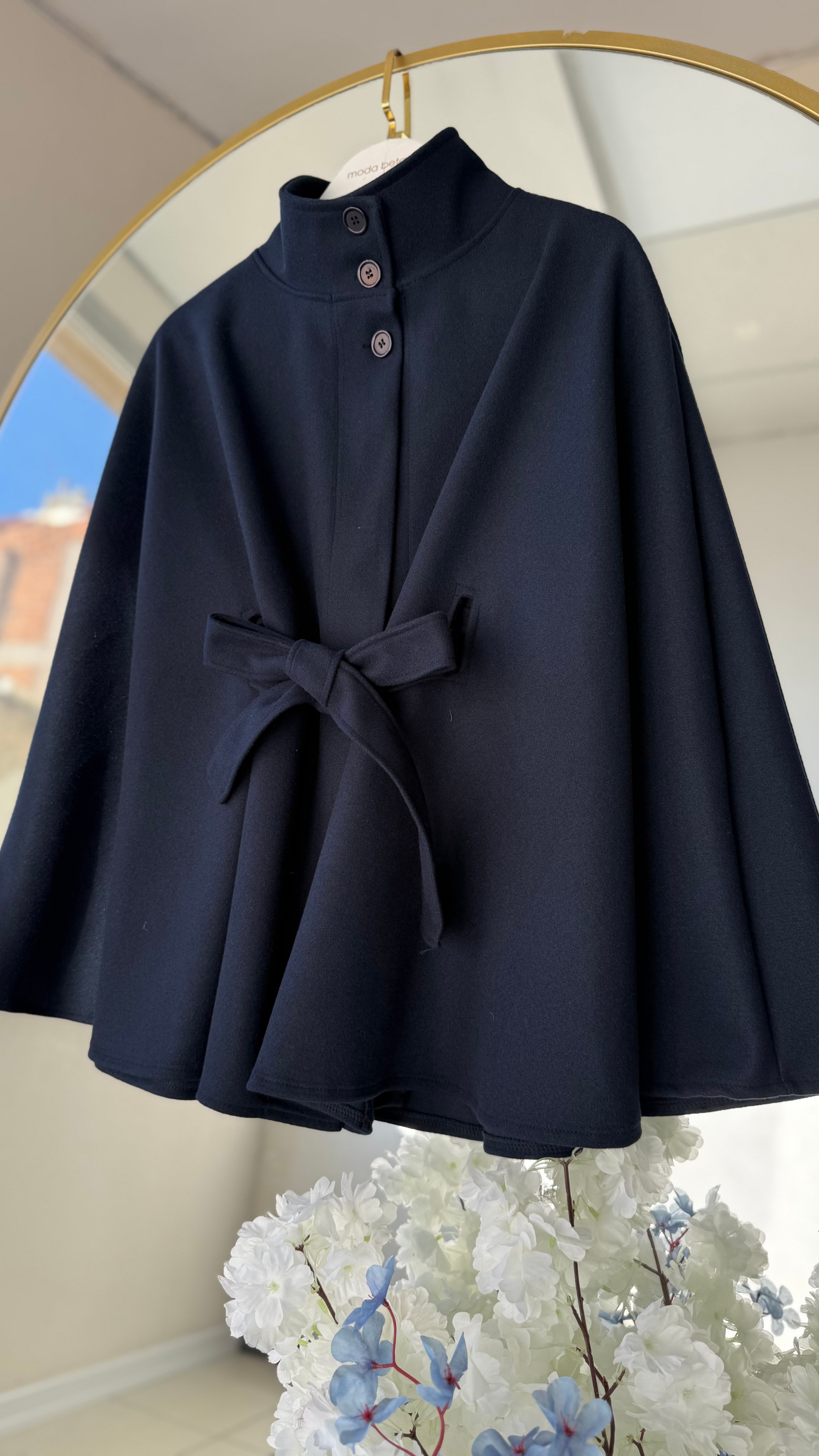 Maria kuşak detaylı panço Lacivert