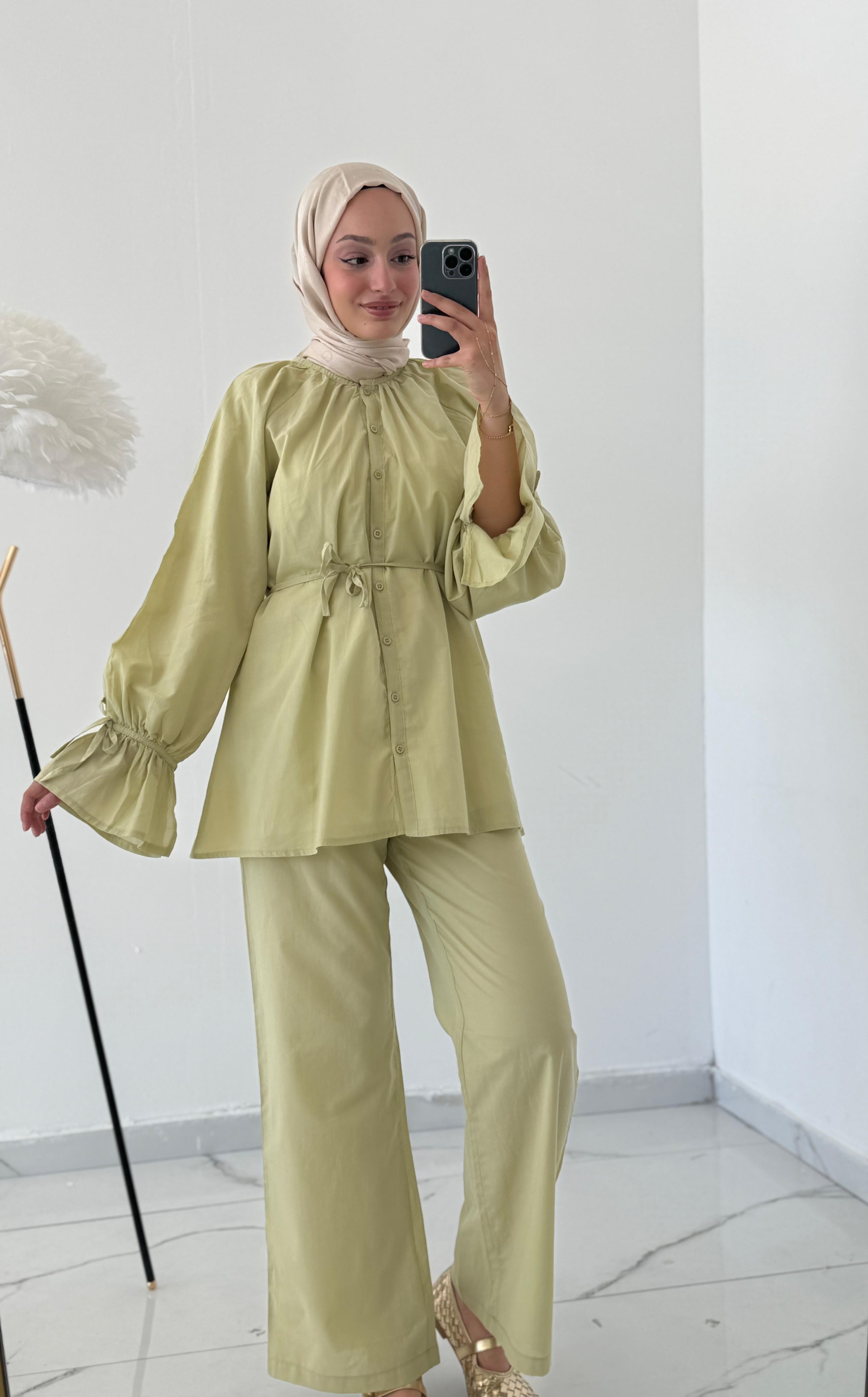 Venesa Tunik Pantolon astarlı vual takım  - YAĞYEŞİLİ