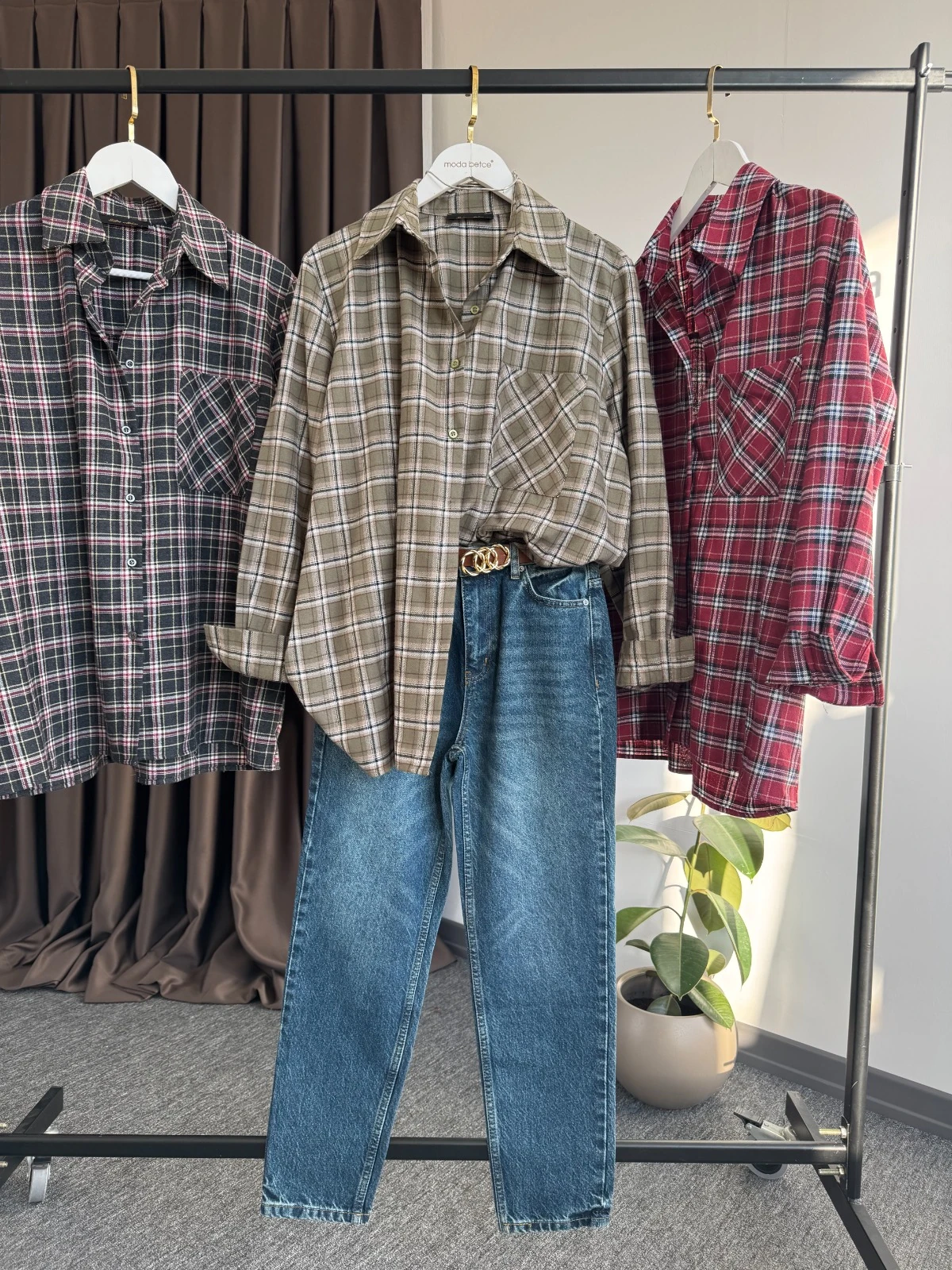 Yeni Ekoseli oversize gömlek 55 yeşil