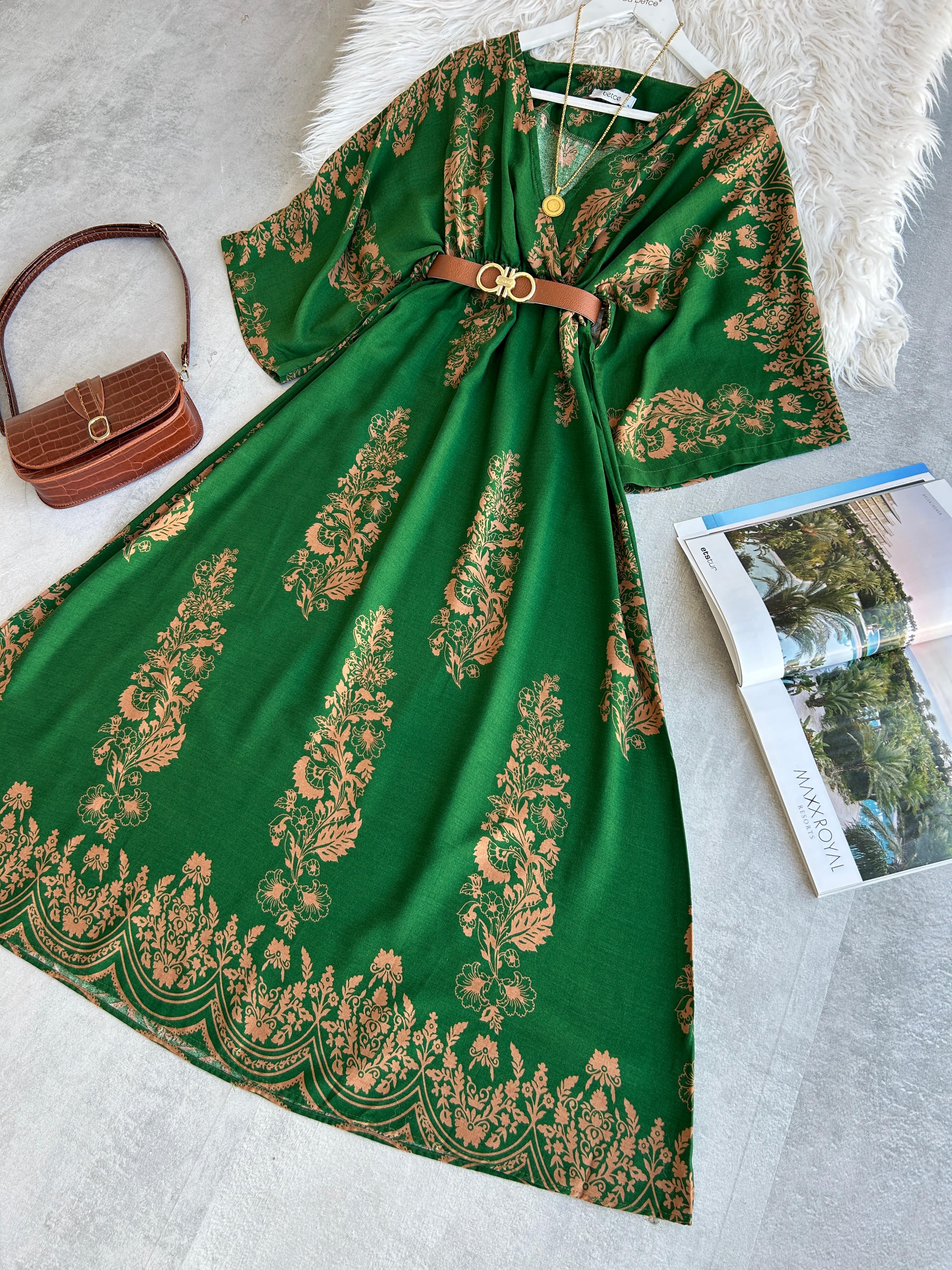 Yeni Vintage Elbise Camelli Yeşil 
