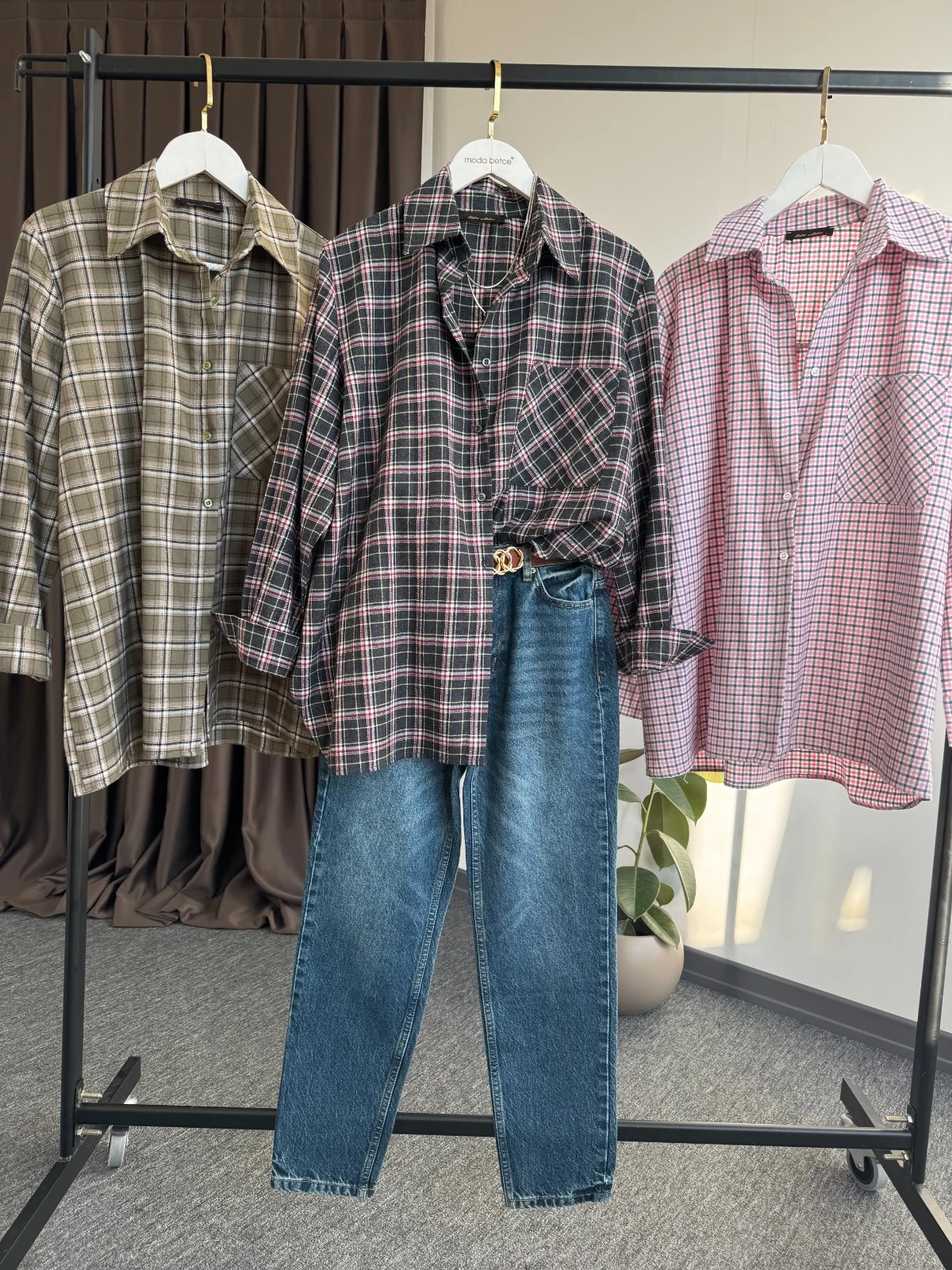 Yeni Ekoseli oversize gömlek  50 beyaz