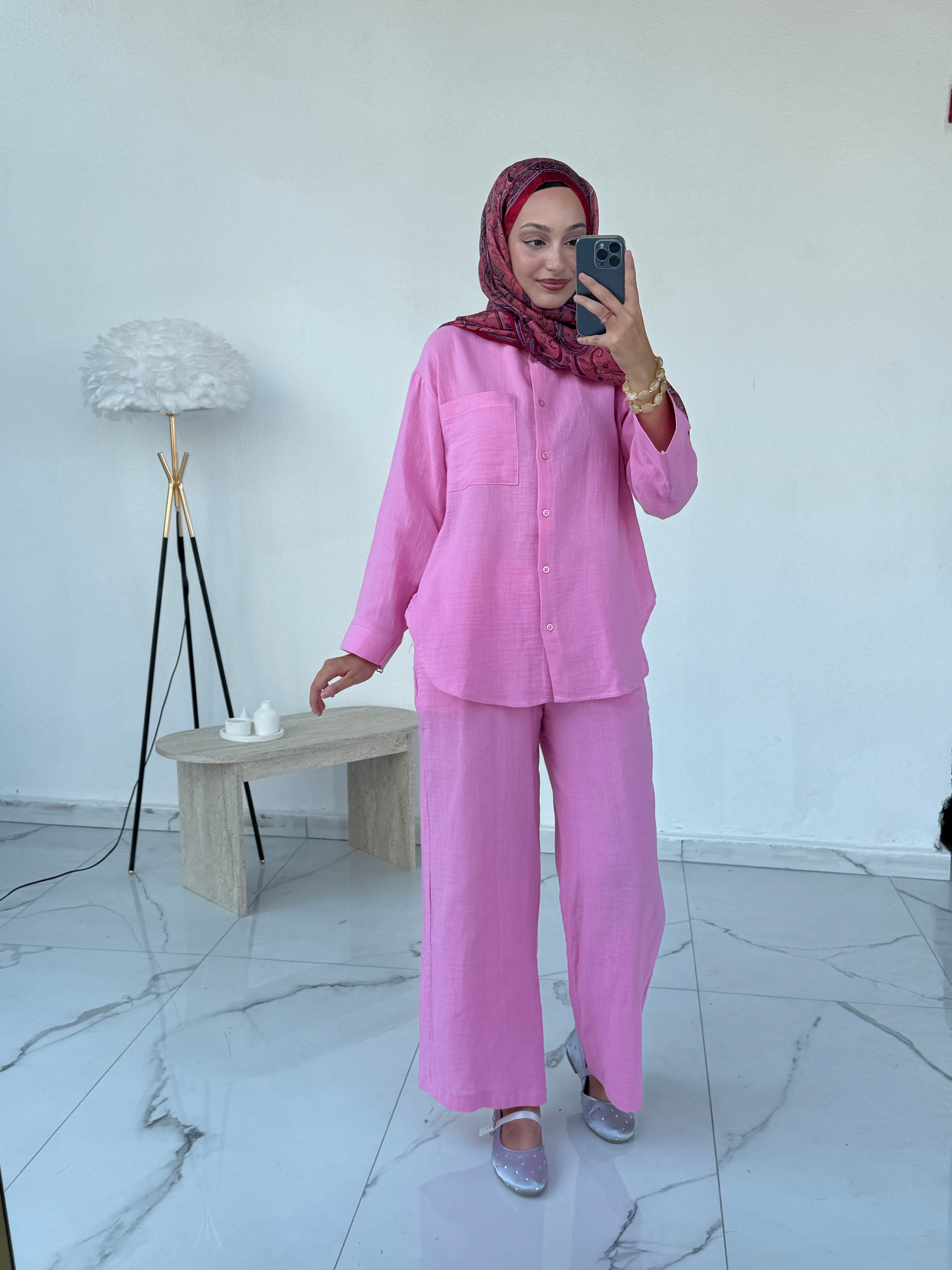 Müslin gömlekli takım pembe 
