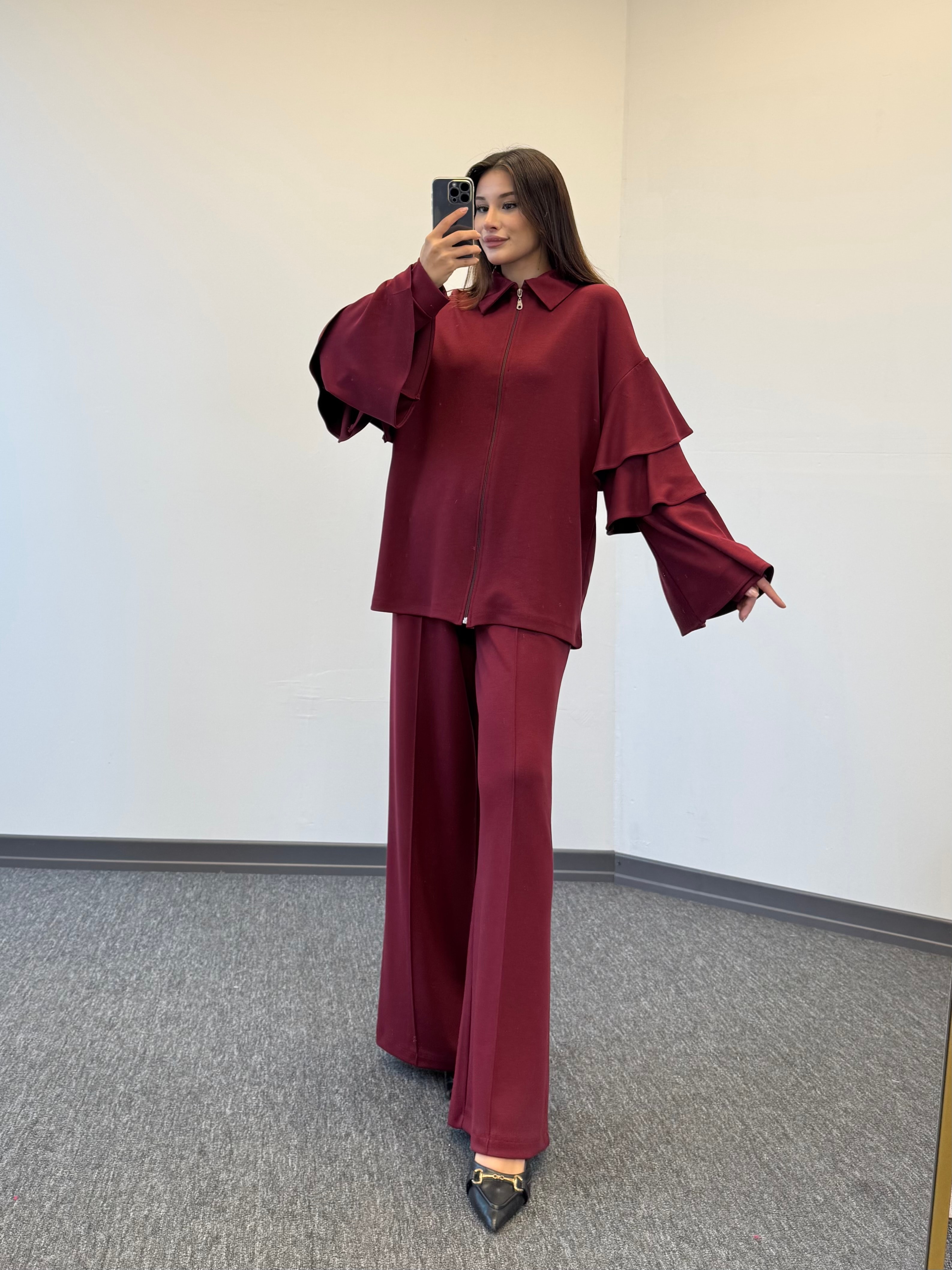 angora oysh fırfırlı takım bordo