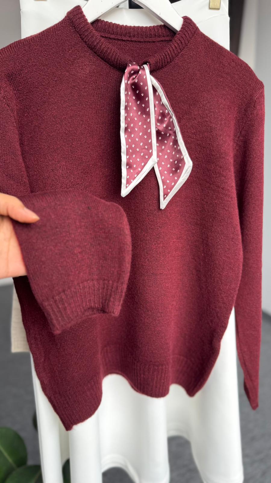 yakası fularlı yün kazak BORDO