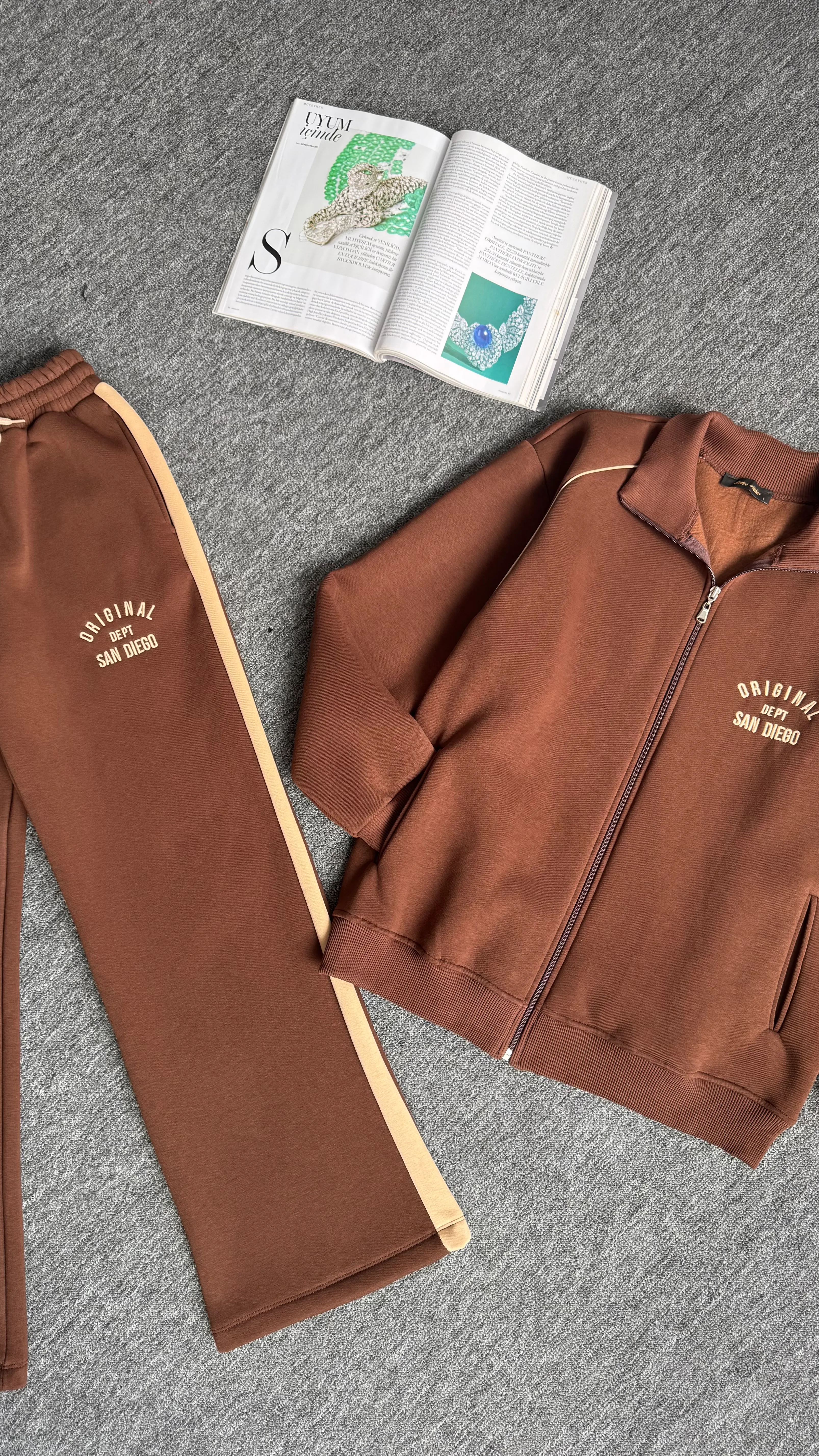 Diego nakışlı hırka eşofman takım kahverengi