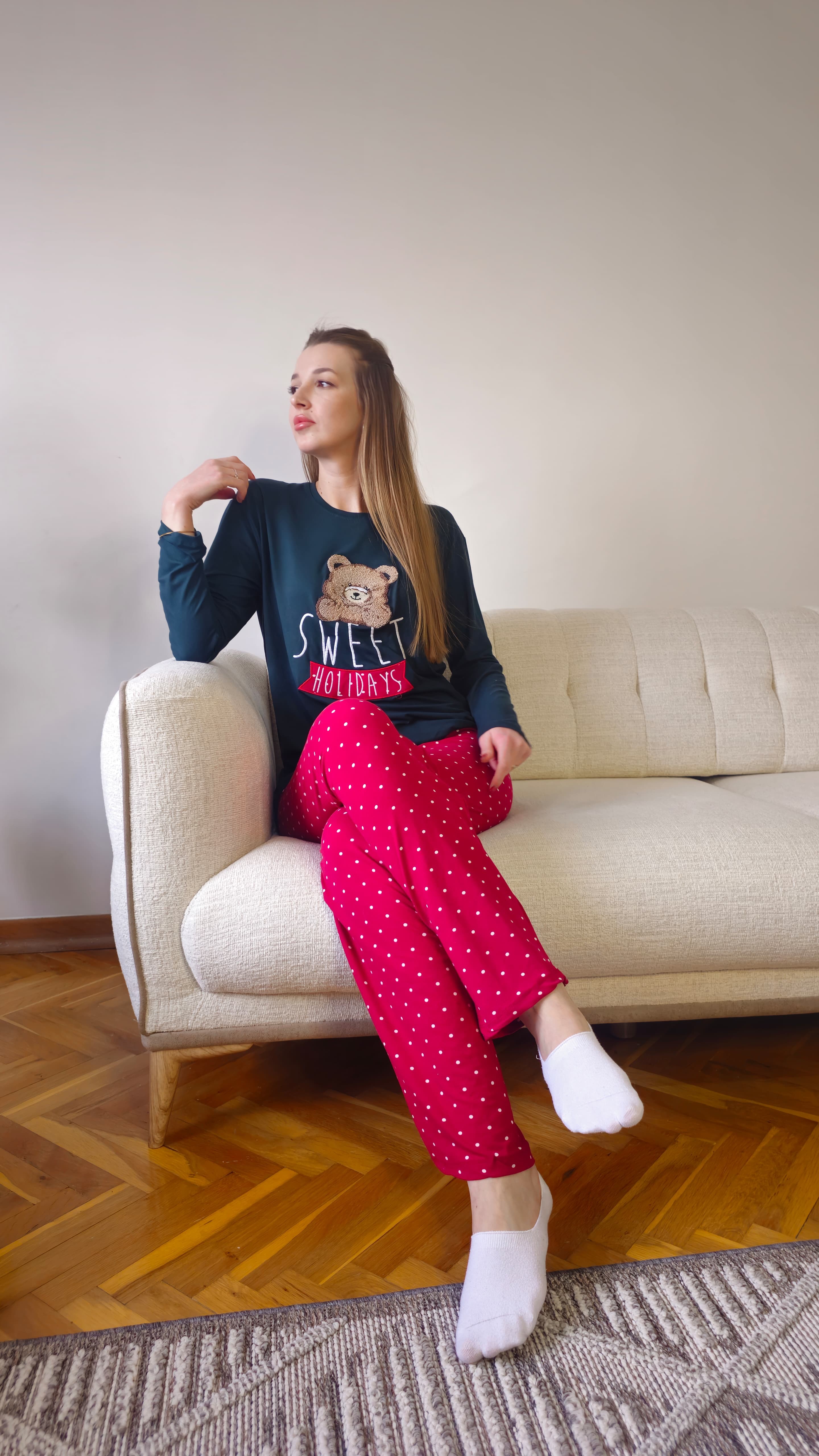 Bambu Yeşil Ayıcıklı Kadın Pijama Takımı