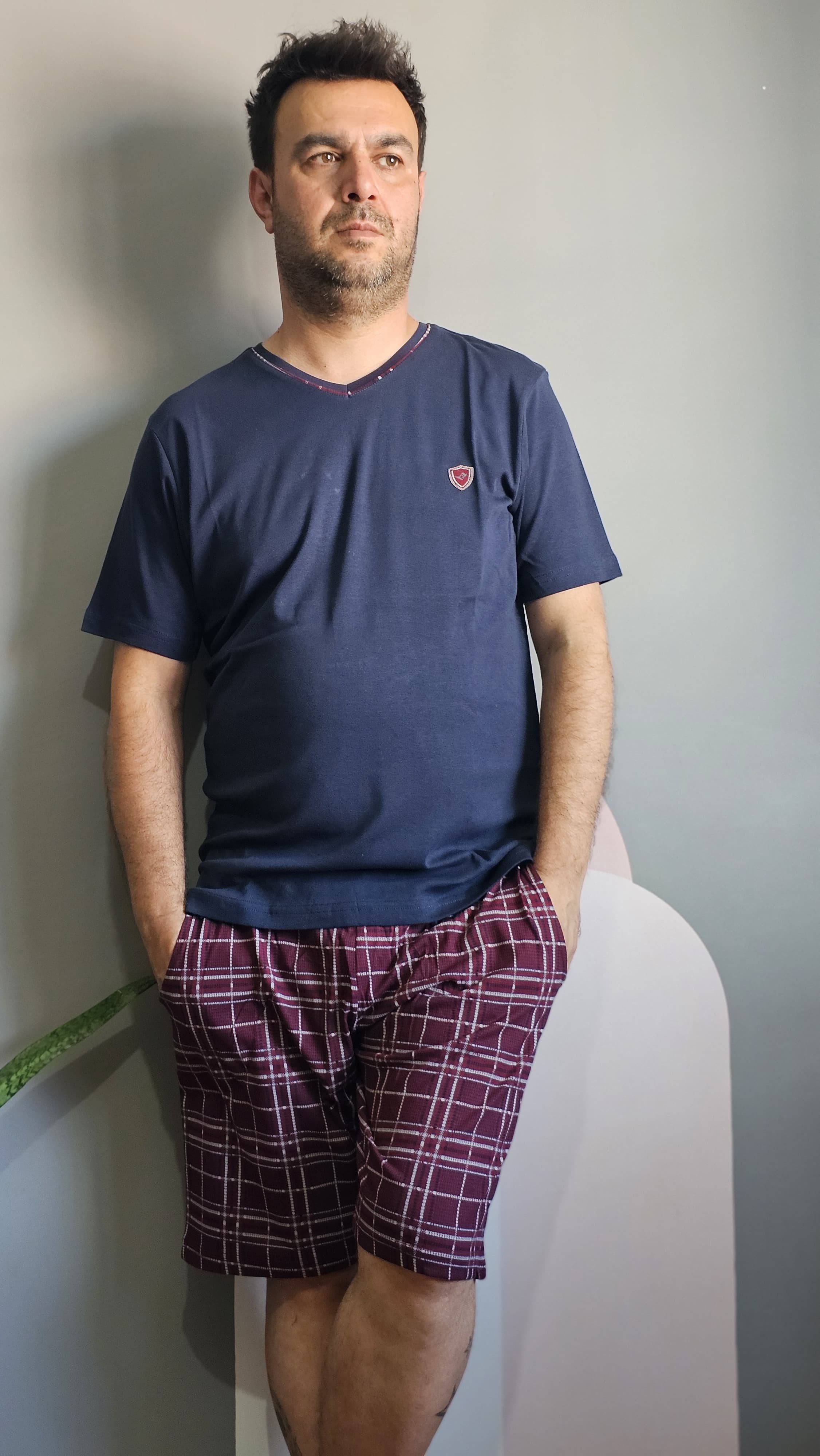 Erkek V Yaka Bordo Ekose Şort Takım % 100 Pamuk