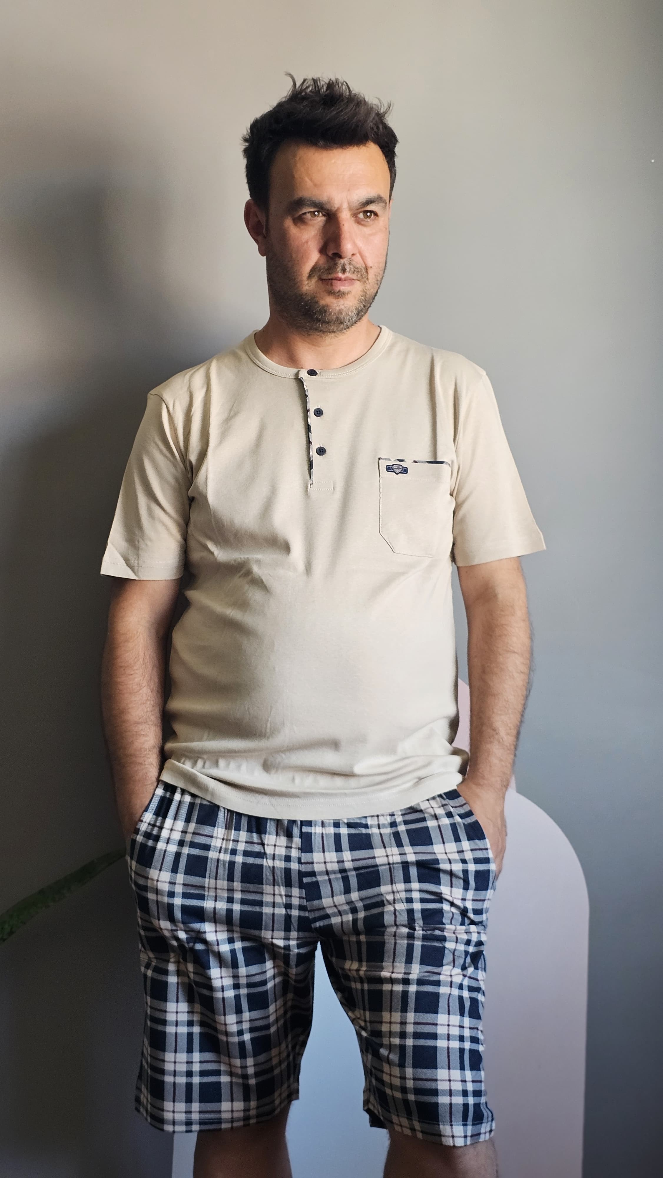 Erkek Kısa Kol Düğmeli Cepli Takım %100 Pamuk
