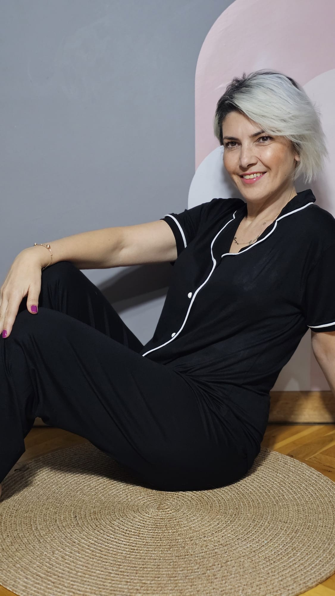 Milan Kumaş Siyah Düğmeli Kadın Pijama Takımı