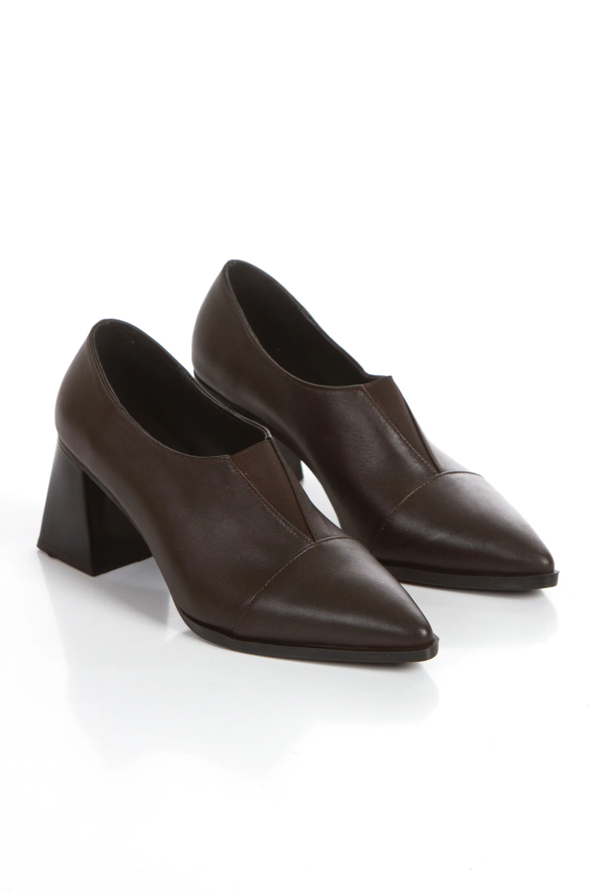 Amy Hakiki Deri  Sivri Burun TPU Taban Lastikli Klasik Topuklu Ayakkabı - kahverengi