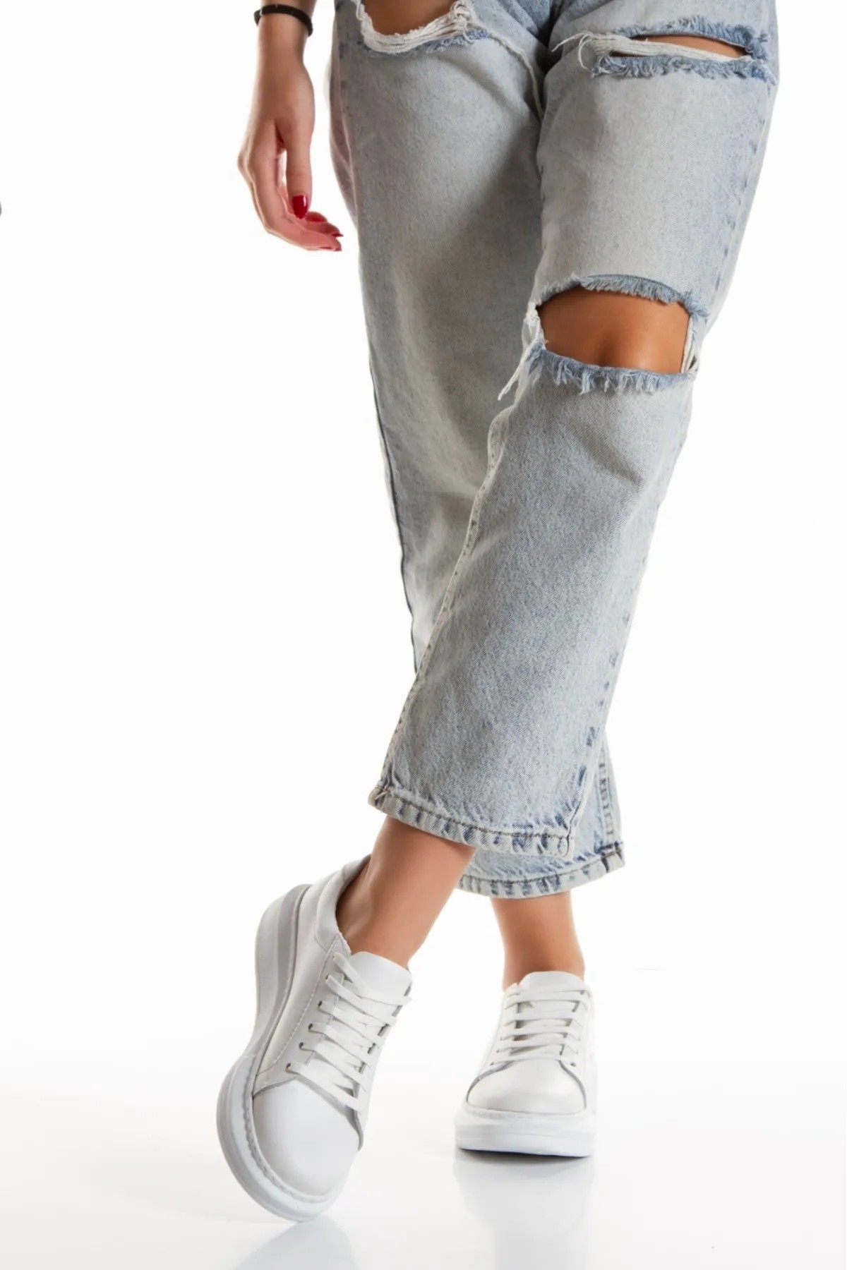 Marie Hakiki Deri Kadın Beyaz Bağıcıklı Sneaker - beyaz