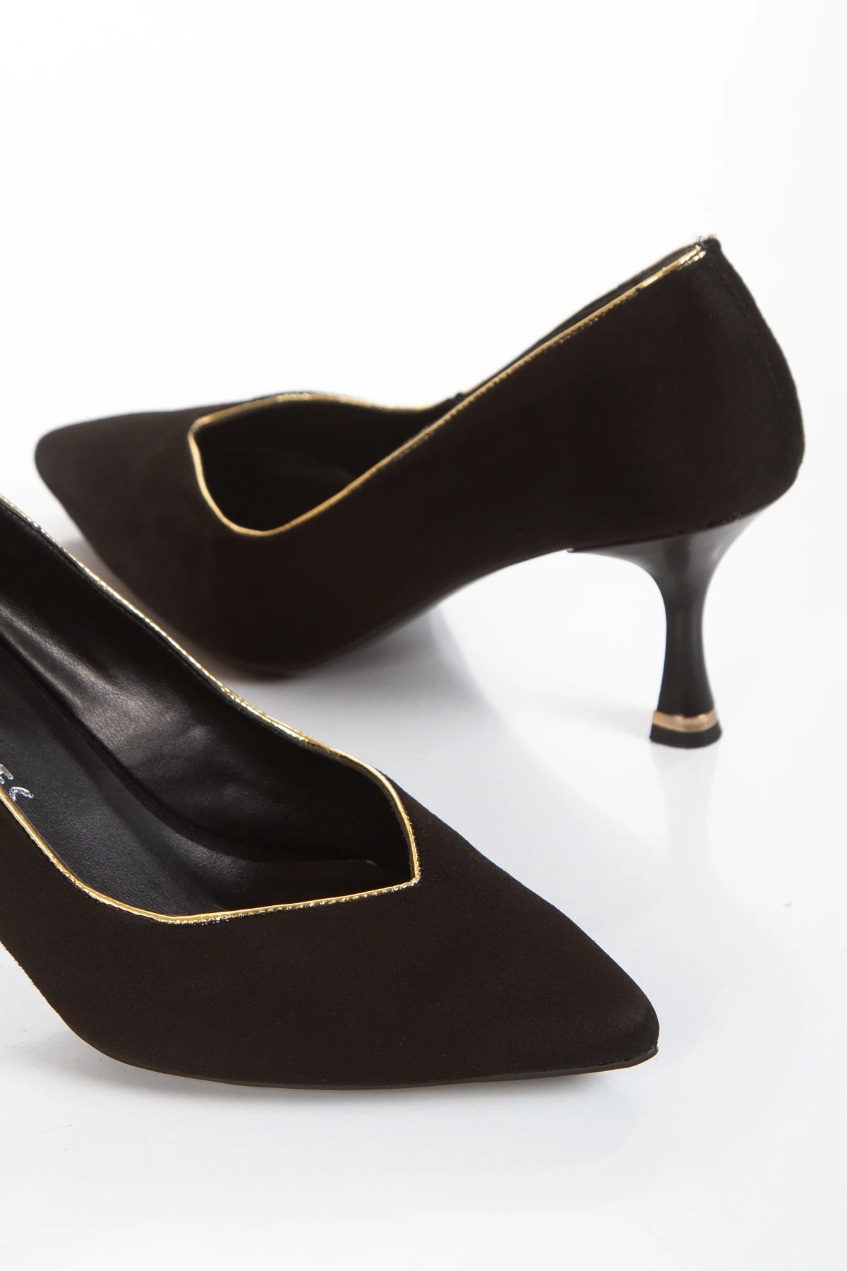 ALİZA Kadın Altın Ökçe Şık Topuklu Ayakkabı - siyah süet