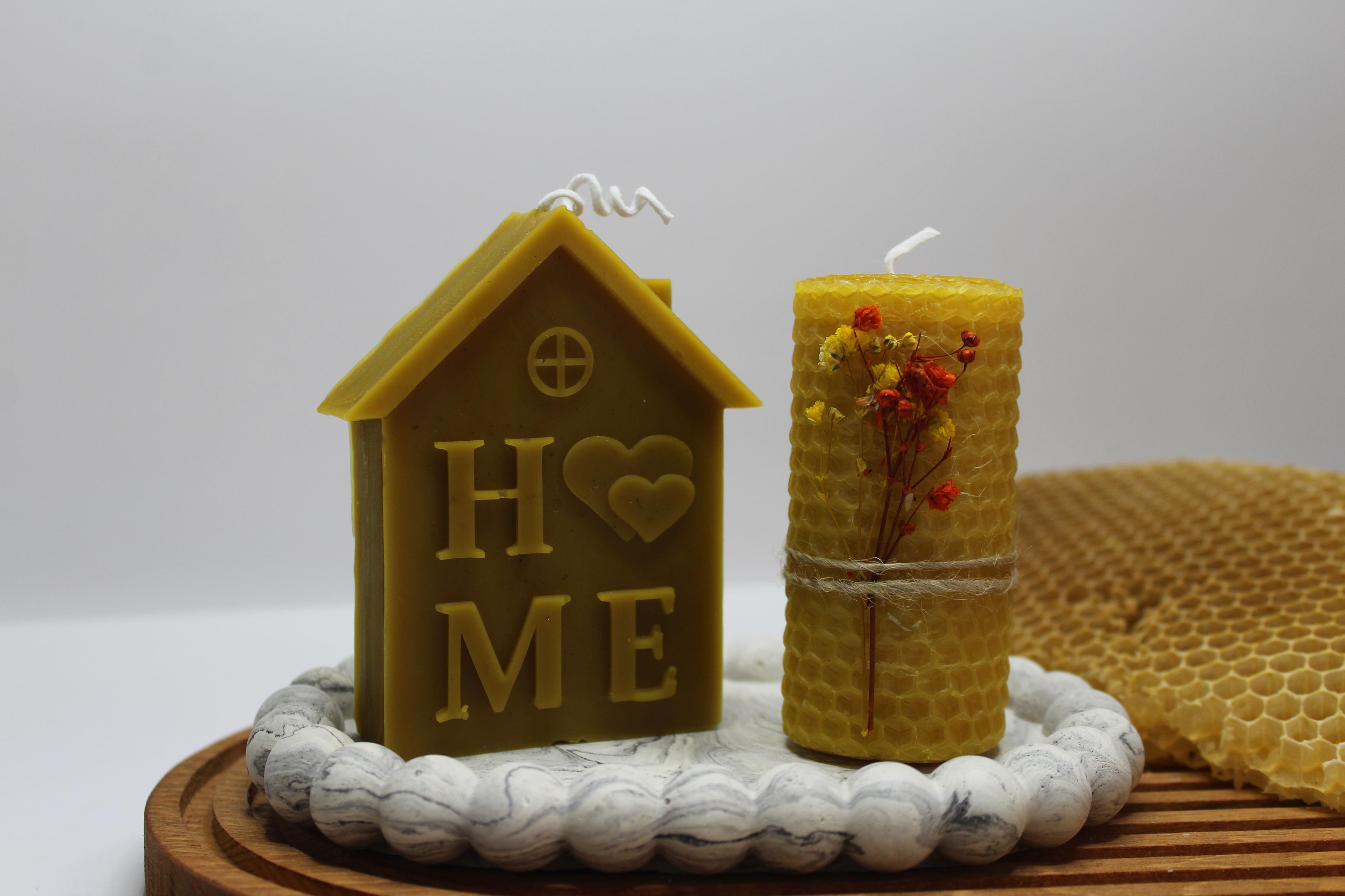 APICRAFT BEESWAX CANDLE HOME + HONEYCOMB WRAPPED CANDLE + BUBBLE DECORATIVE PLATE