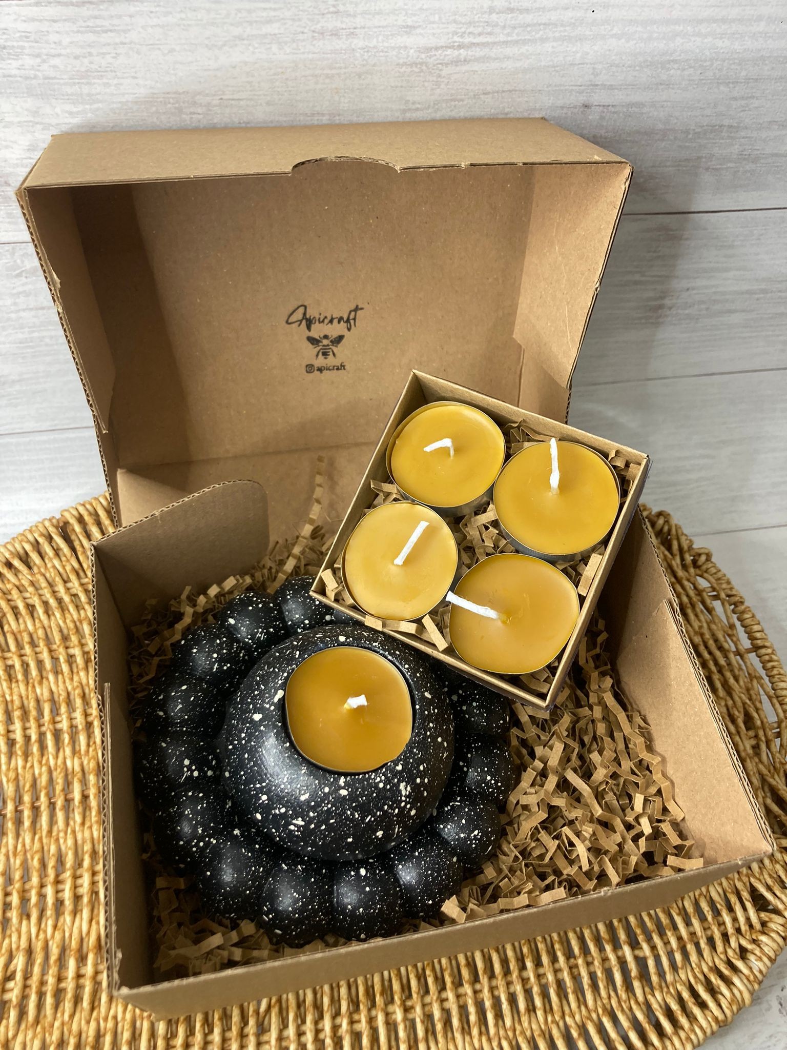 APICRAFT BEESWAX CANDLE BLACK TEALIGHT + BUBBLE DECORATIVE PLATE + 4 SPARE CANDLE CAPSULES