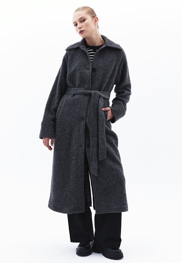 Dumanlı Yün Qarışığı Kəmərli Palto