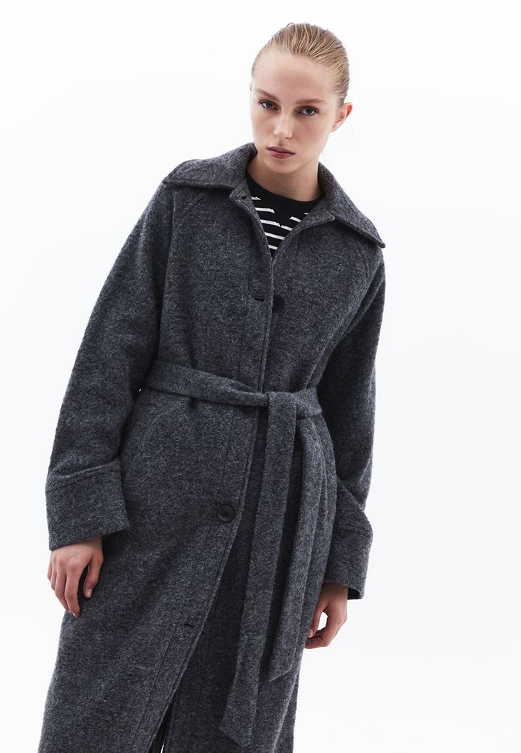 Dumanlı Yün Qarışığı Kəmərli Palto