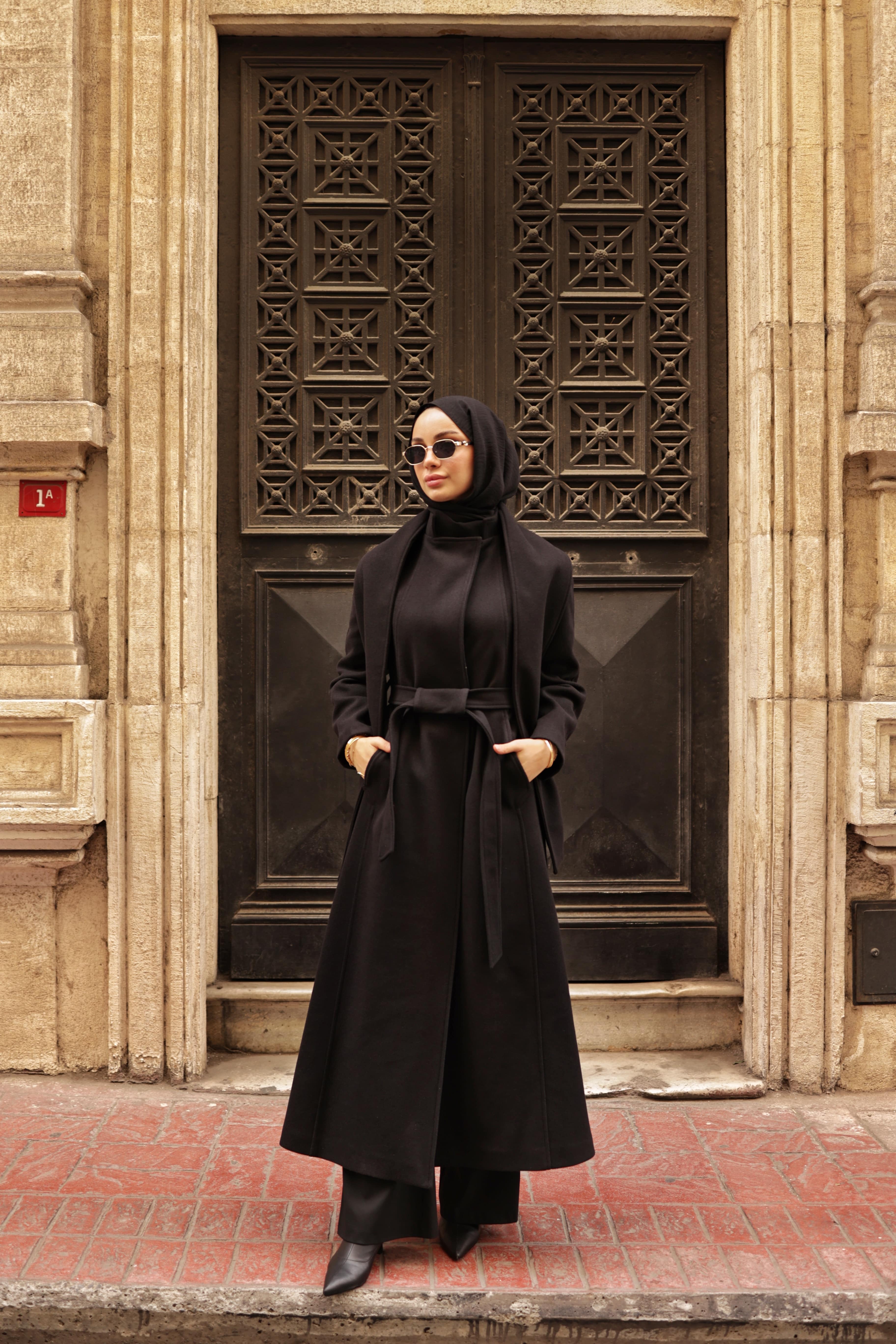 Atkılı Tam Boy Kaşe Kaban - Siyah