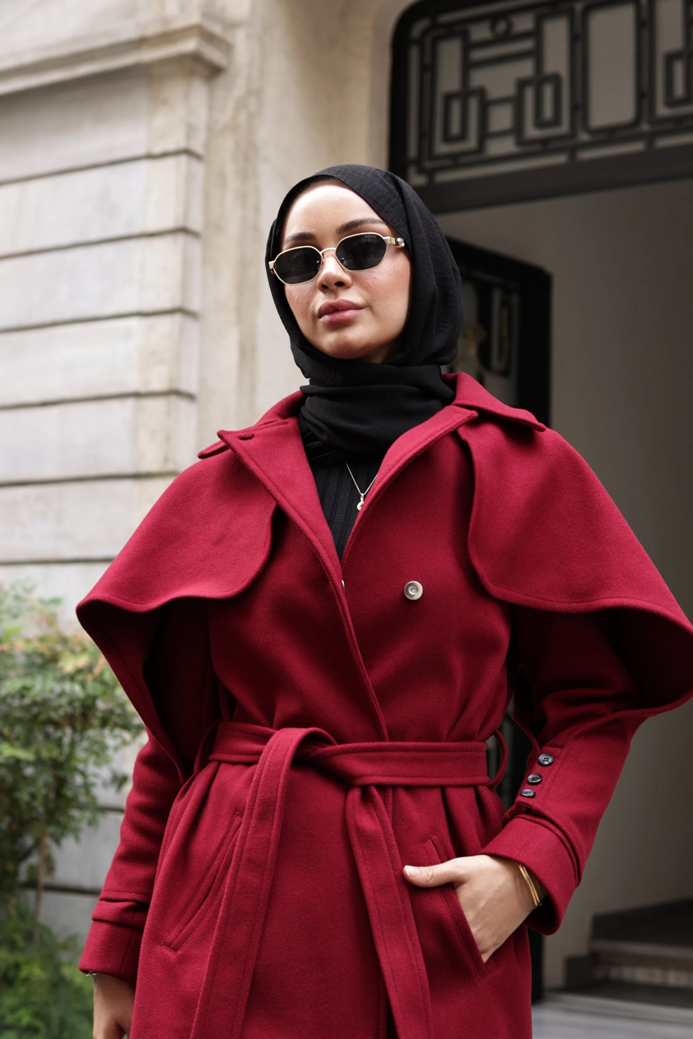 Pelerinli Midi Kaşe Kaban - Bordo