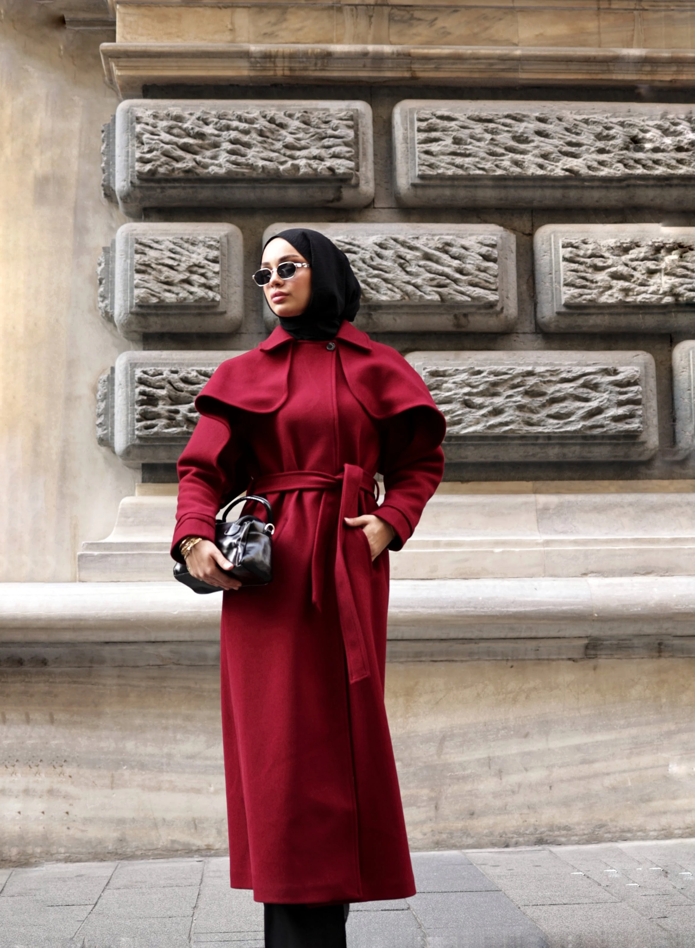 Pelerinli Tam Boy Kaşe Kaban - Bordo