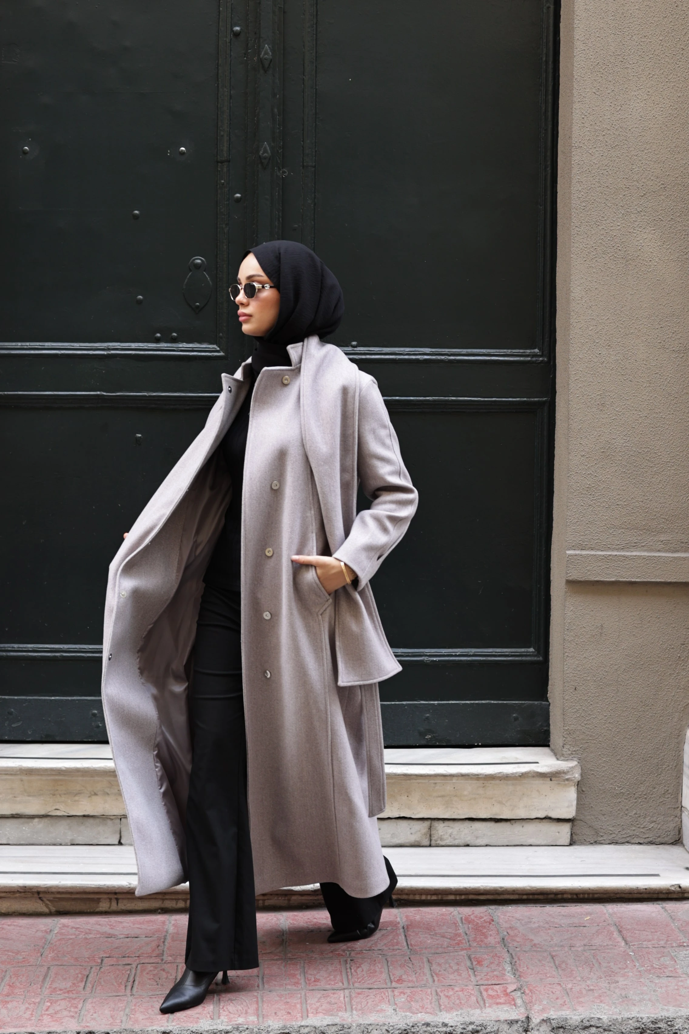 Atkılı Tam Boy Kaşe Kaban - Gri