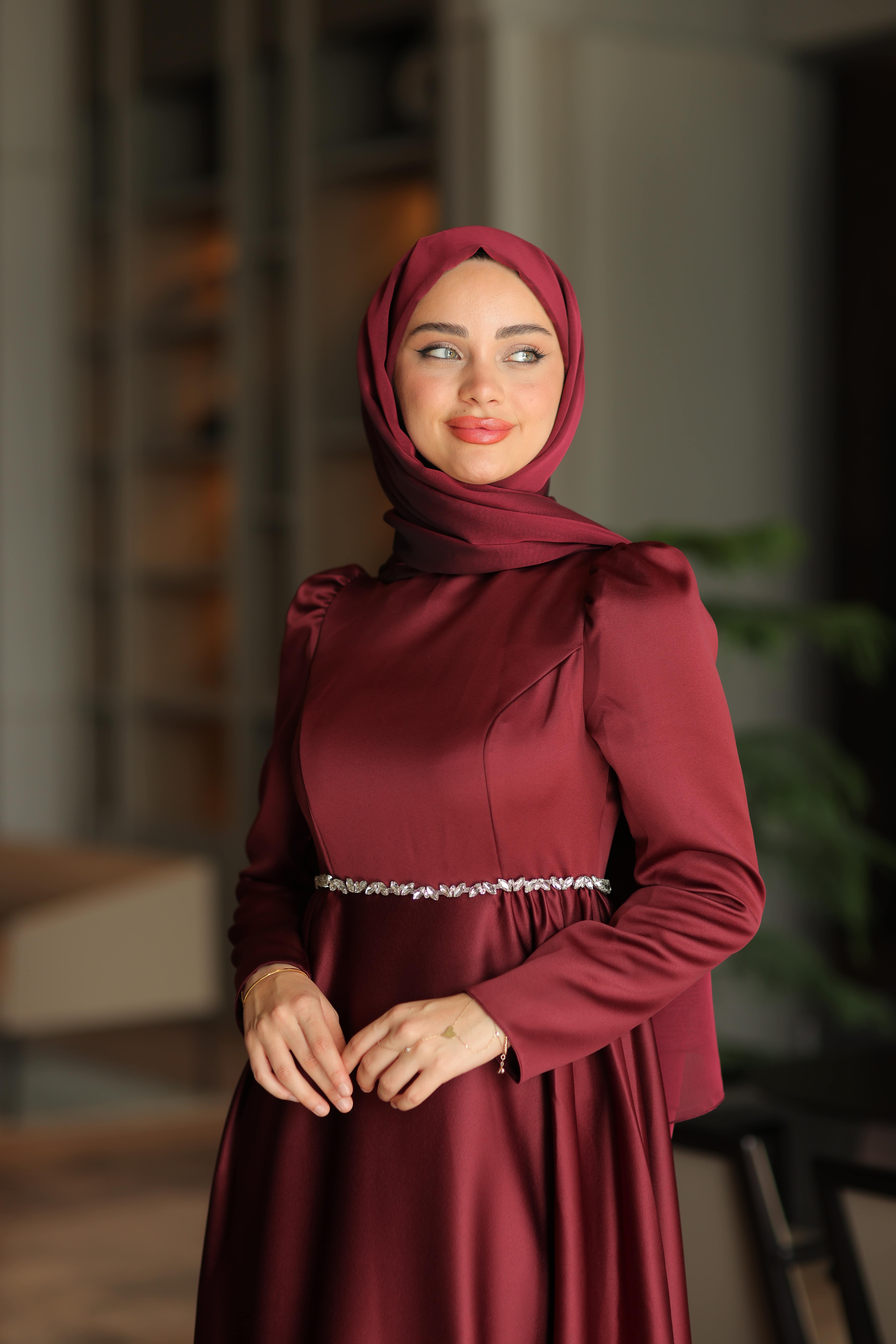 Adel Taşlı Saten Abiye - Bordo