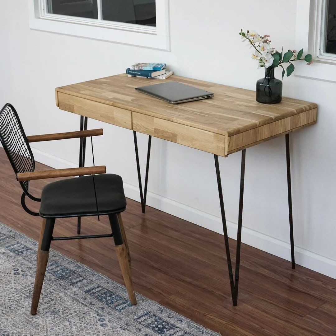 Solid Wood Computer Desk with 2 Drawers - Home Office Desk, Mid Century Model