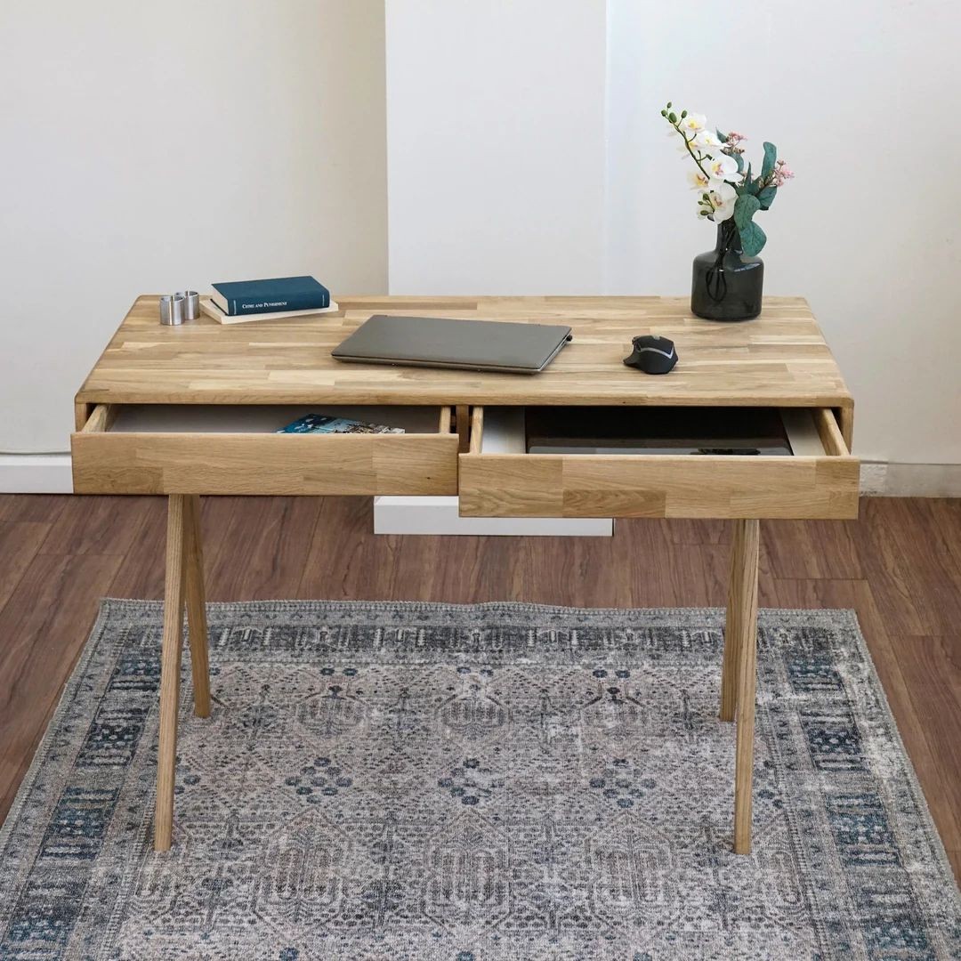 Solid Wood Desk, Computer Desk with 2 Drawers - Mid Century