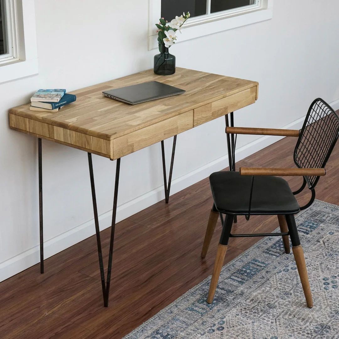 Solid Wood Computer Desk with 2 Drawers - Home Office Desk, Mid Century Model