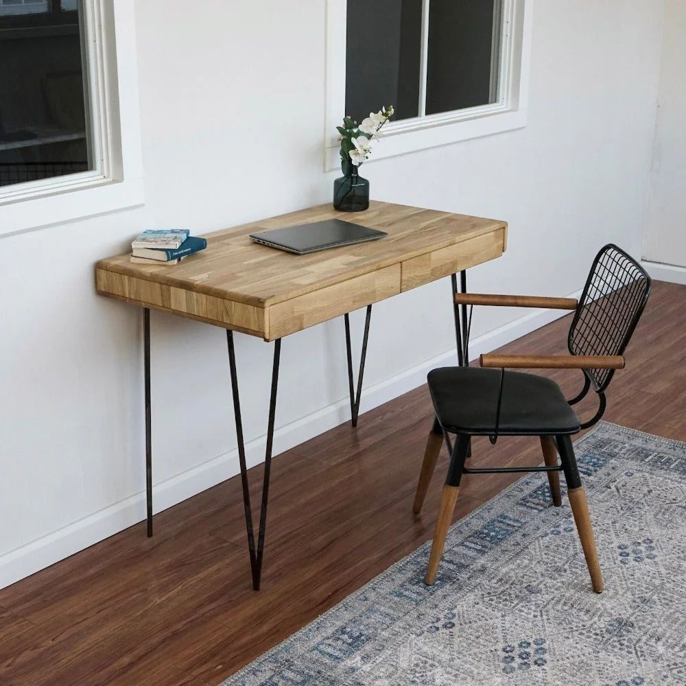 Solid Wood Computer Desk with 2 Drawers - Home Office Desk, Mid Century Model