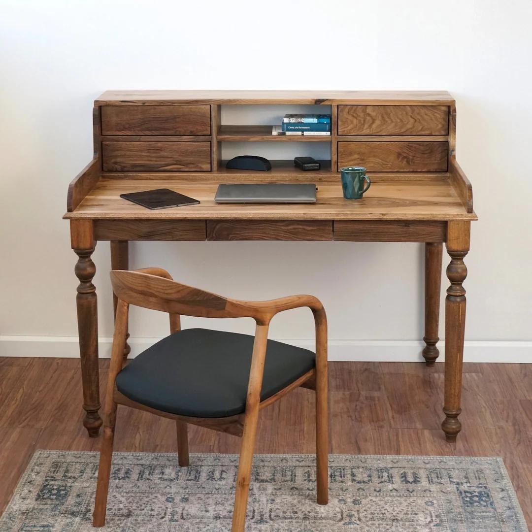 Haven Office and Study Desk - Walnut - Office Desk with 2 Drawers and 2 Shelves (Handmade)