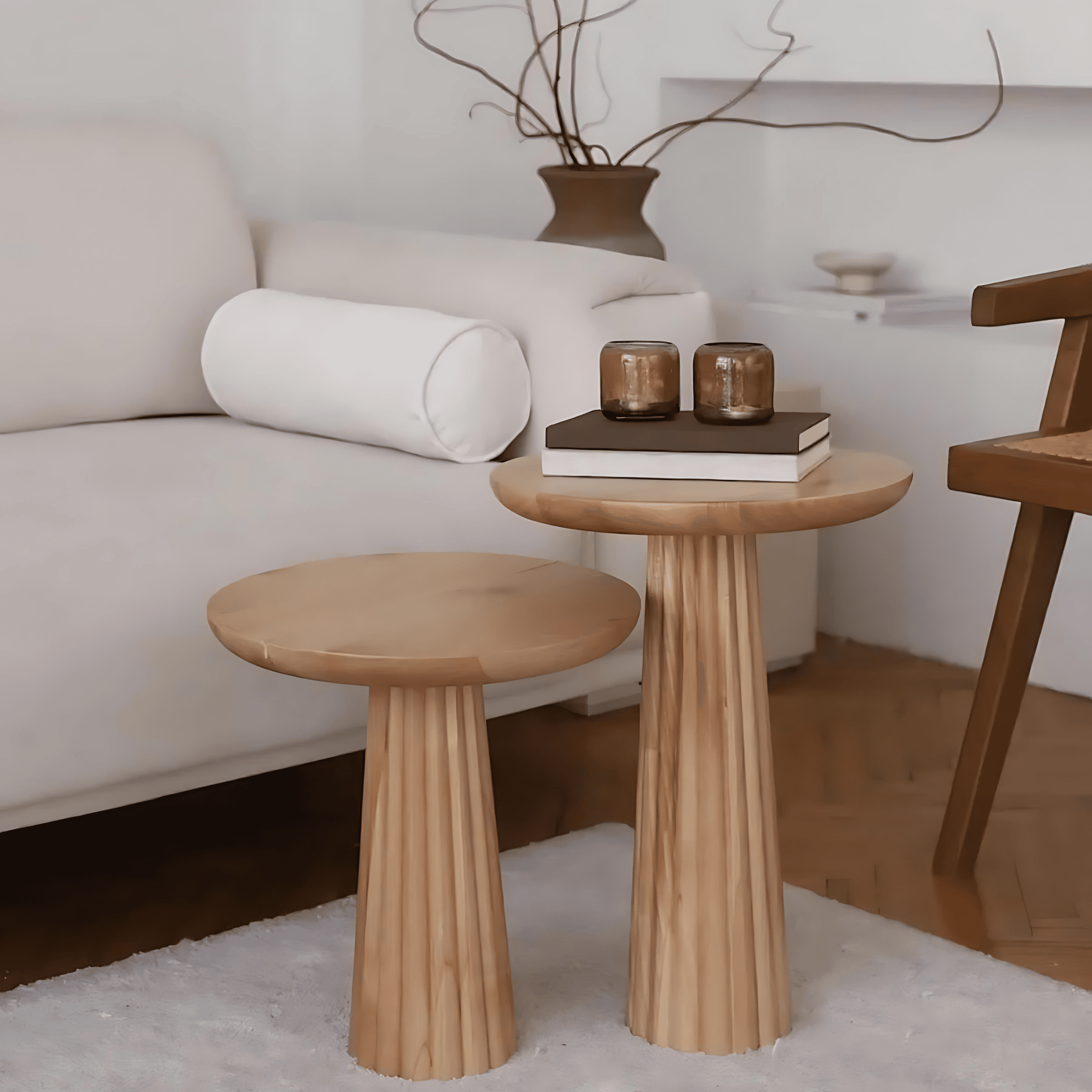 Wooden Set of 2 Cork Side Table Corrugated Modern Natural Color