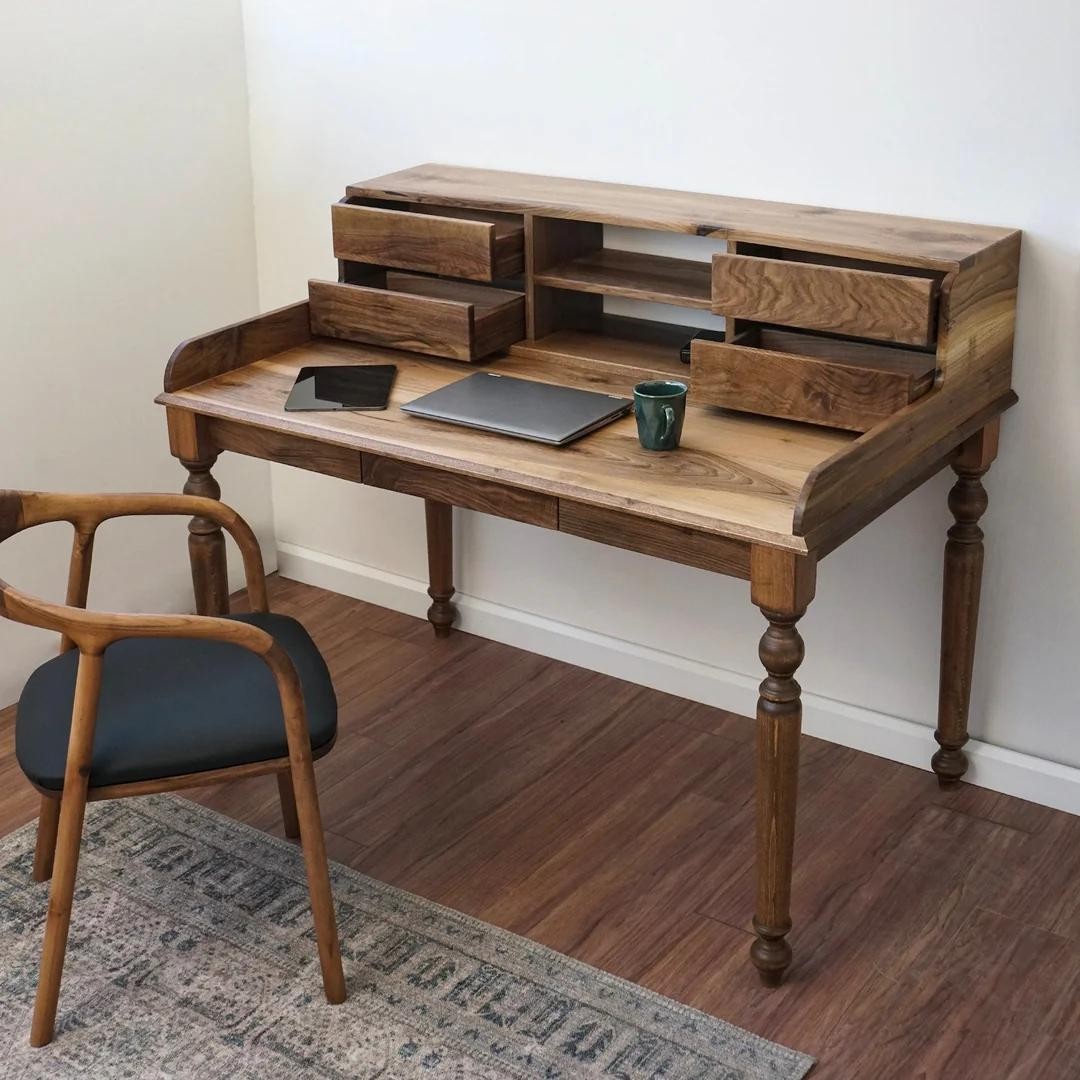 Haven Office and Study Desk - Walnut - Office Desk with 2 Drawers and 2 Shelves (Handmade)